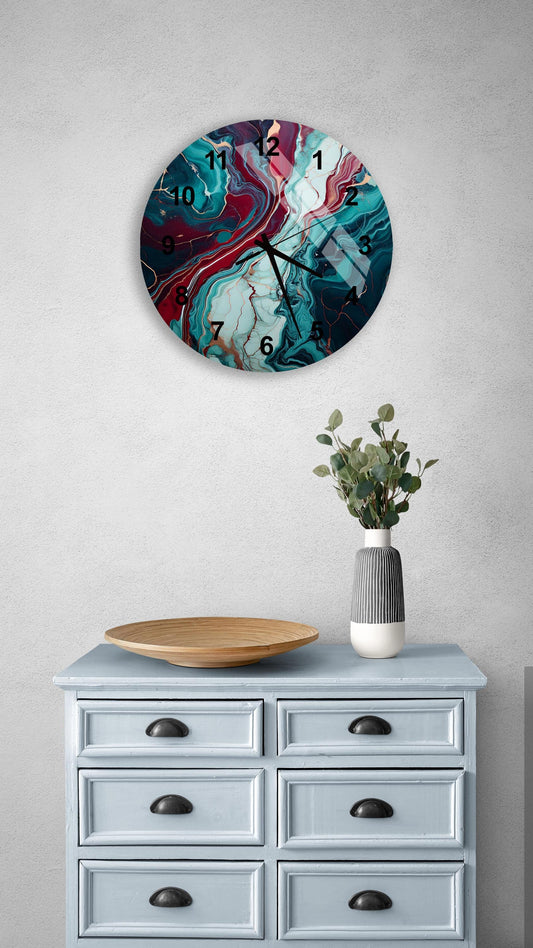 a blue dresser with a vase and a clock on it