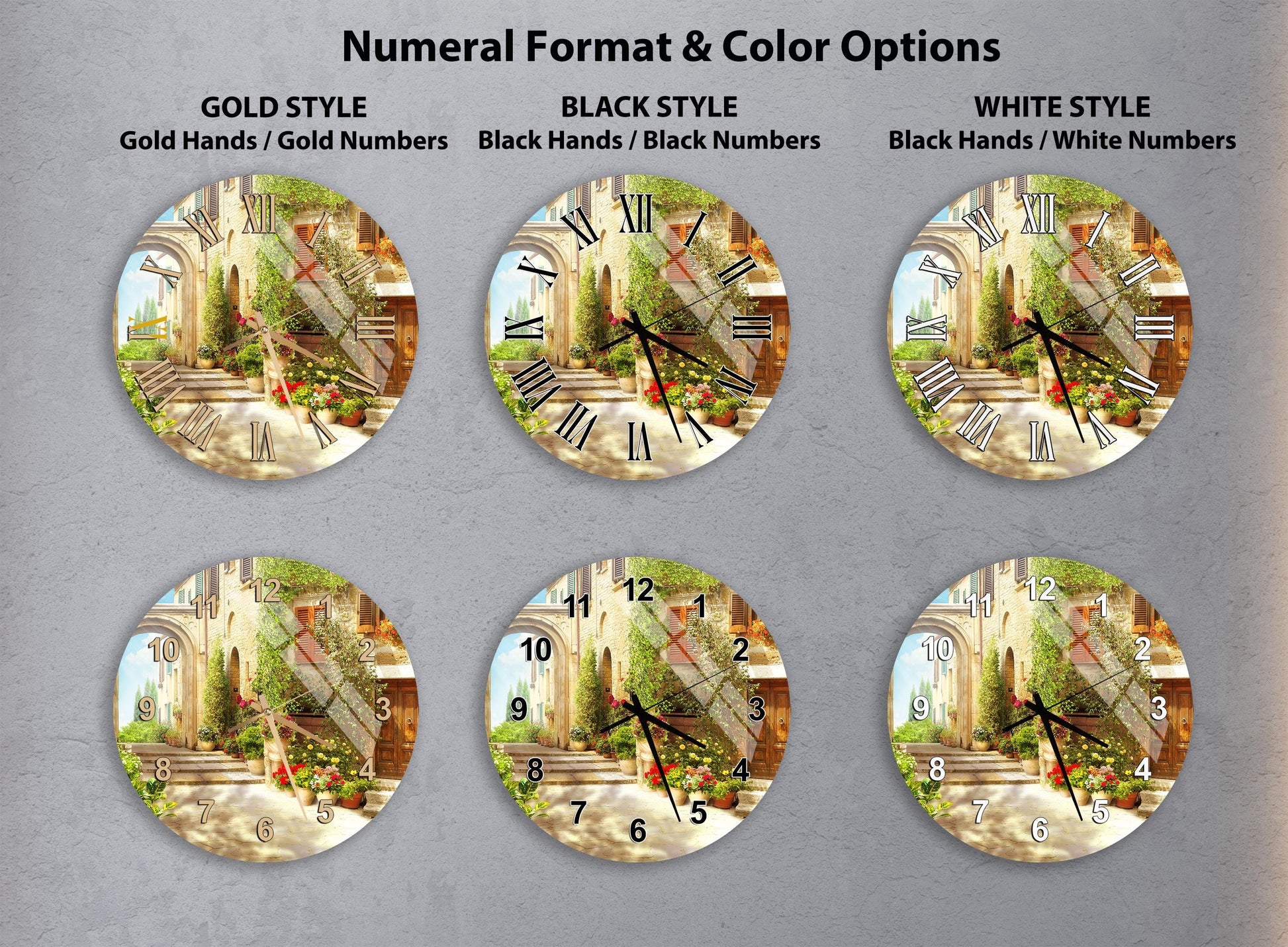 a collection of six clock faces, each with a different style and color option. The clocks feature various designs and color schemes, including gold hands, black hands, black numbers, black numbers, white hands, and white numbers. The clocks are arranged in a grid format, showcasing the different styles and color options available for each clock face.