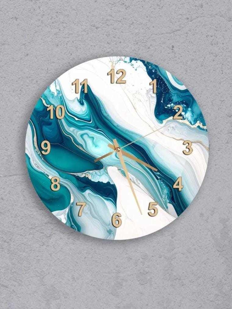 six round wall clocks with unique designs, arranged in a grid pattern on a gray background.