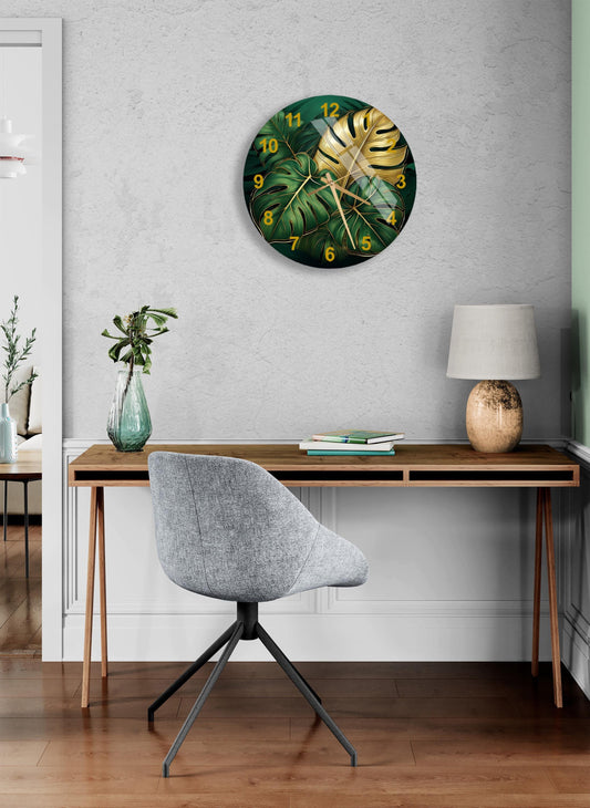 Tropical Glass Wall Clock – Tempered Glass Palm Leaf Clock with Green Gold Decor