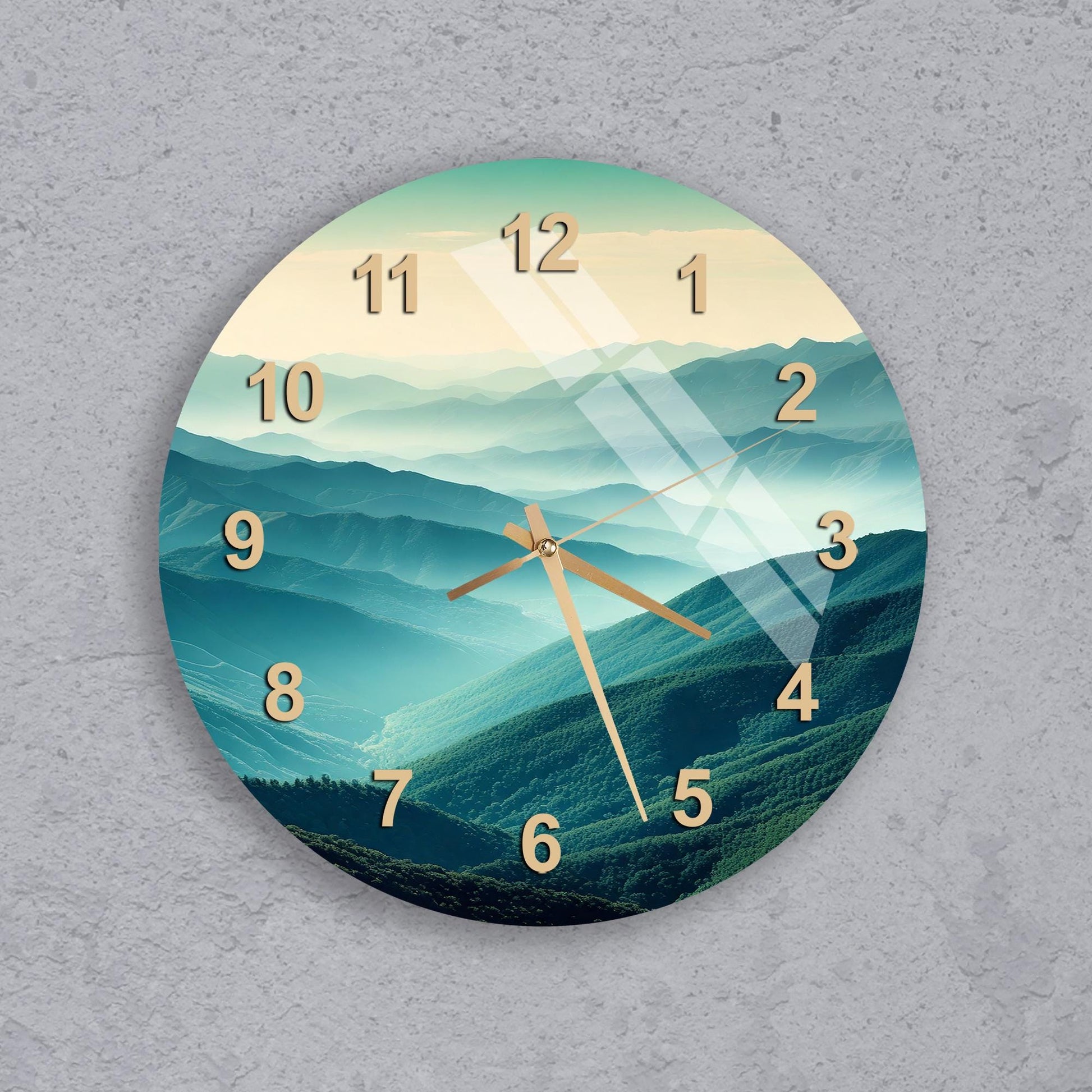 a clock on a wall with mountains in the background