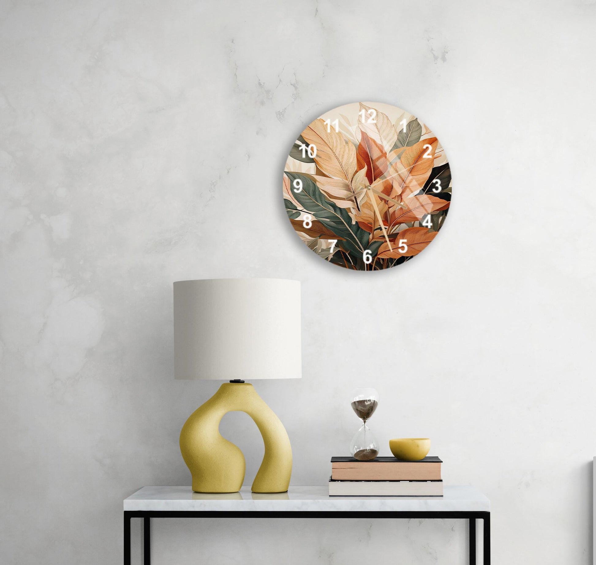 a table with a lamp and a clock on it