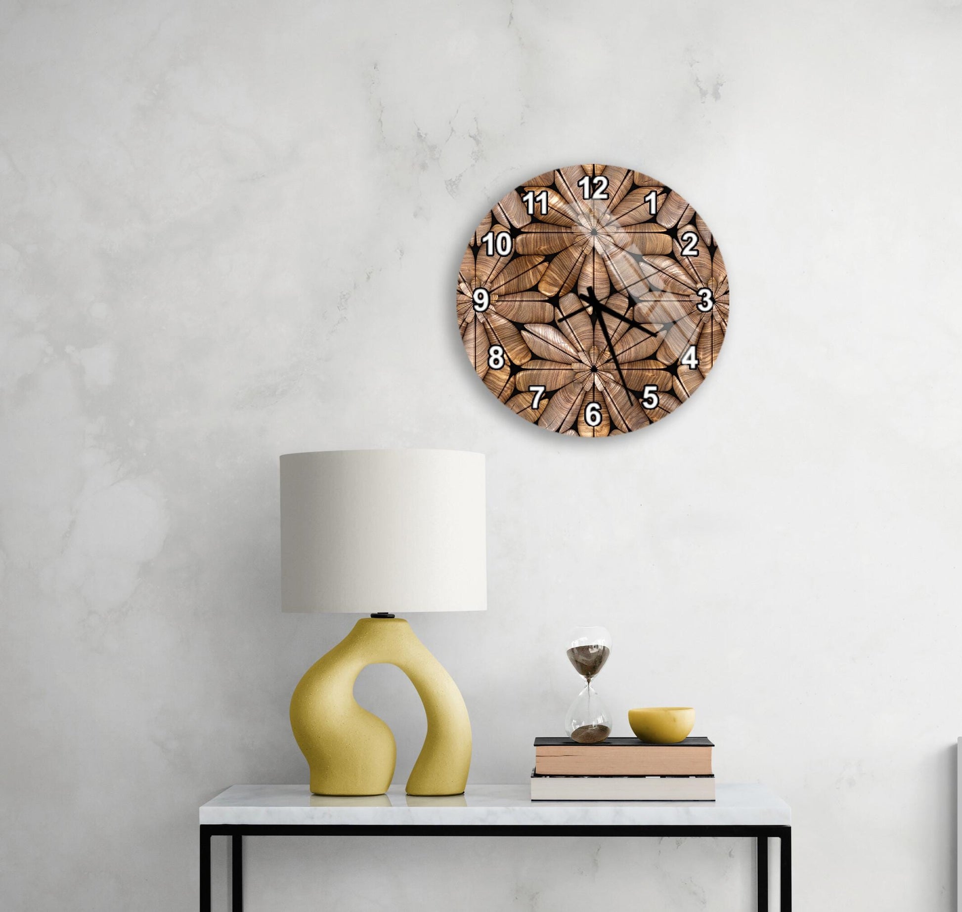 a modern living room with a white marble wall, a round clock with a wood grain design, a yellow lamp with a unique curved base, and a small table with a book and a glass of wine.