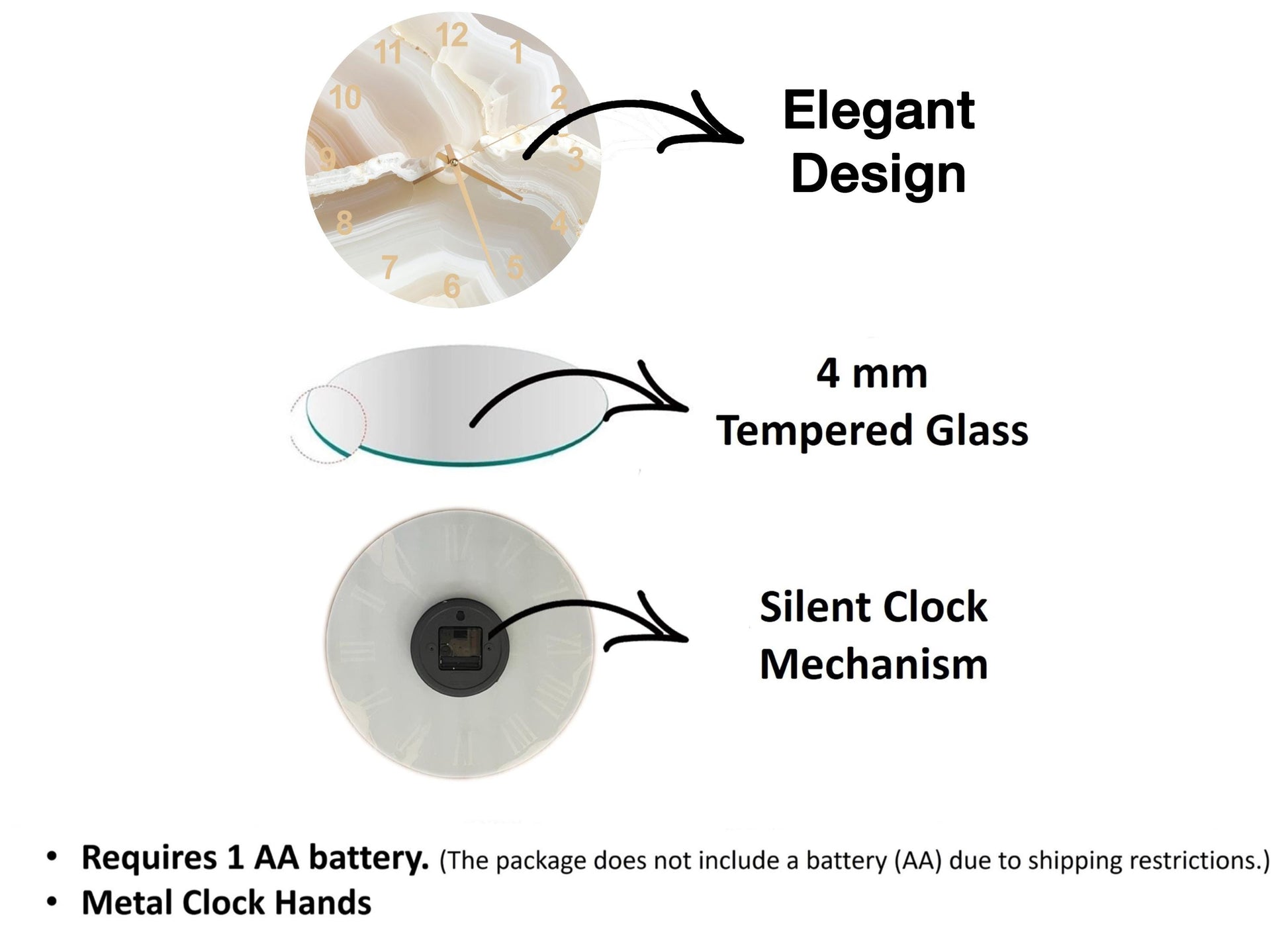 The image is a diagram that illustrates the features of a clock, including its design, size, and mechanism.