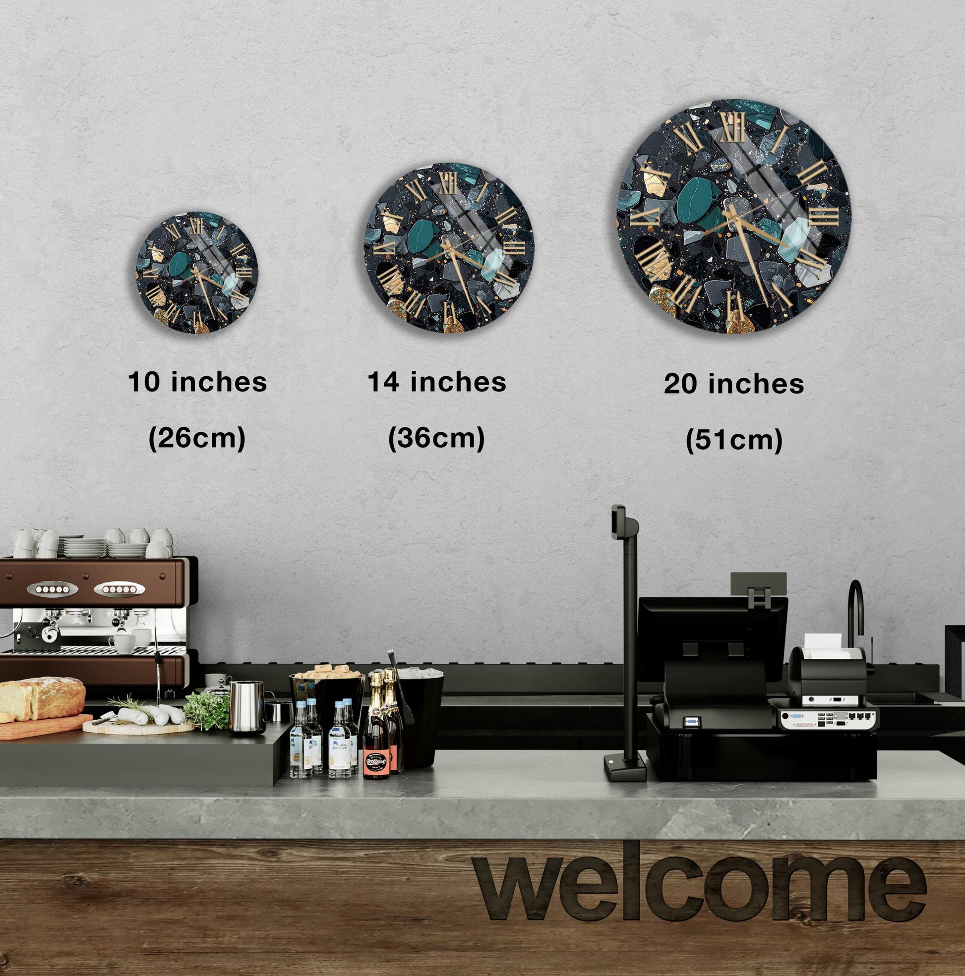 a wall clock with a clock face design, and there are three different sizes of the clock displayed on the wall. In the foreground, there is a counter with various items such as bottles, a cash register, and a sign that says "welcome".