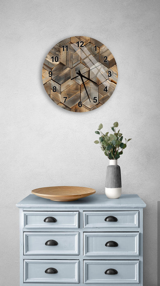 a wall clock with a wooden design, a wooden tray, a vase with greenery, and a light blue dresser with six drawers.