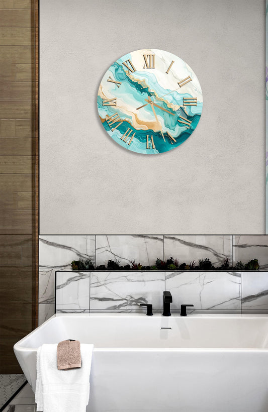 Tempered Glass Wall Clock – Abstract Teal Gold Design | Large Modern Decor