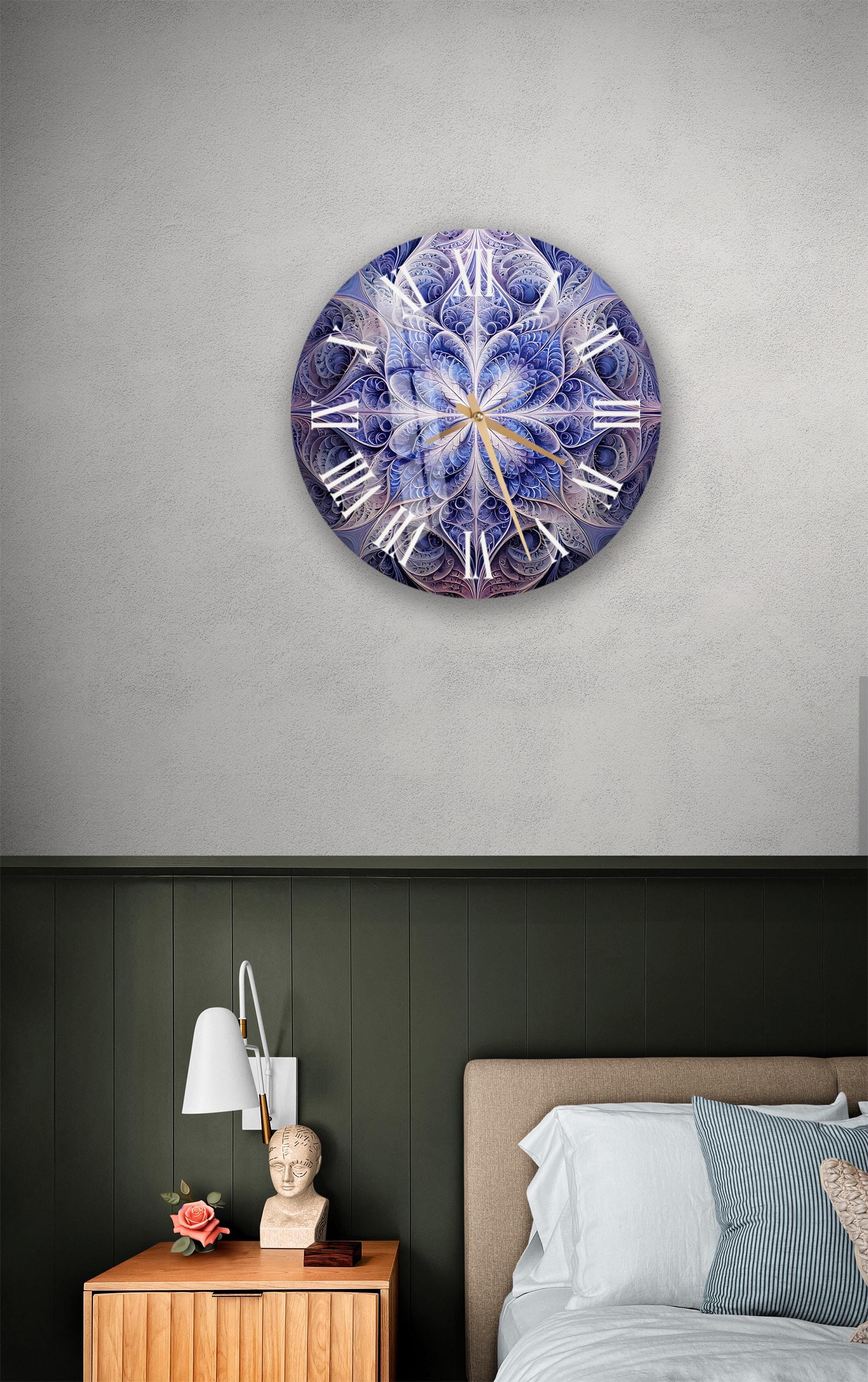 a bedroom with a bed and a clock on the wall