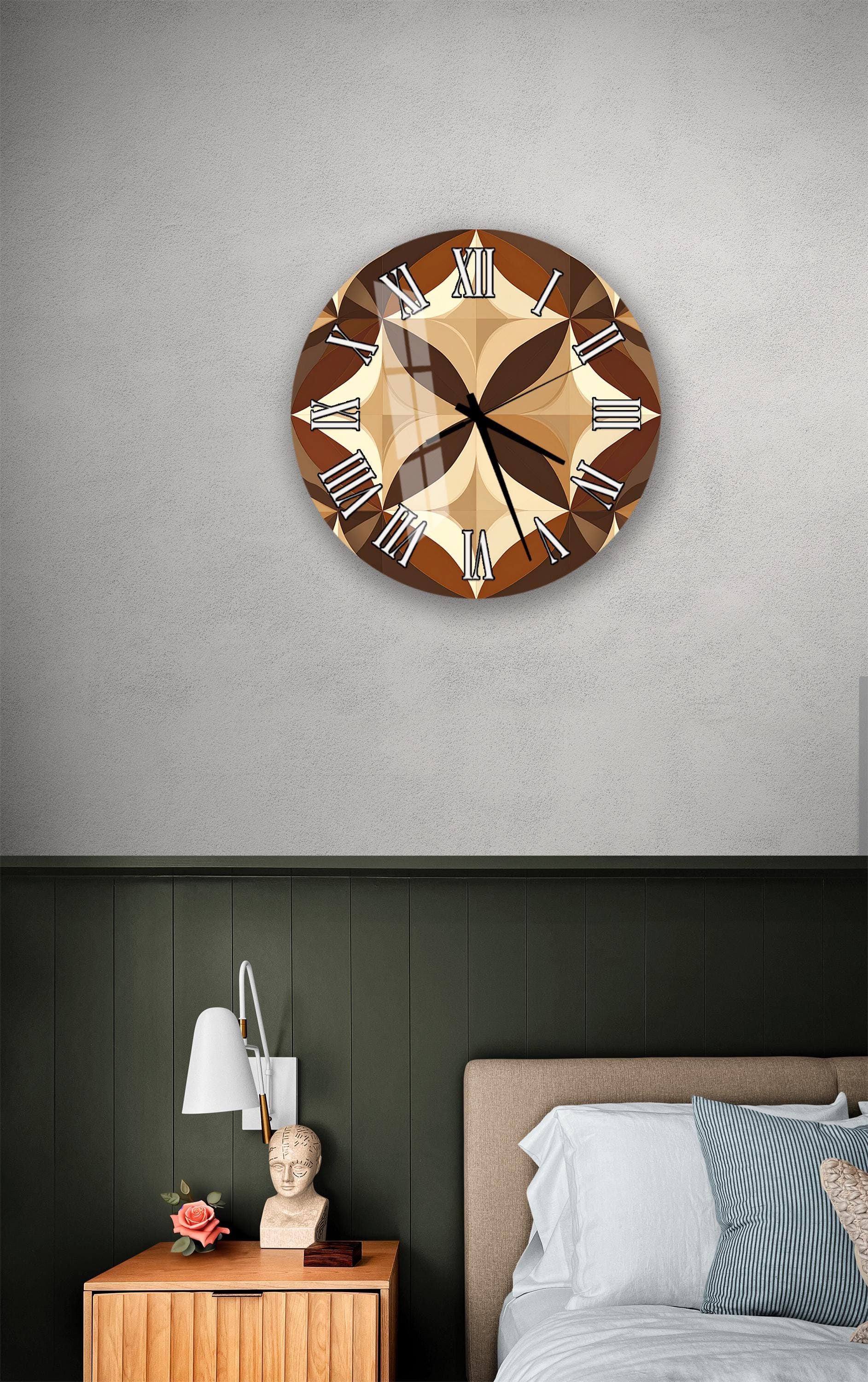 a bedroom setting with a wall clock, a nightstand, and a bed.