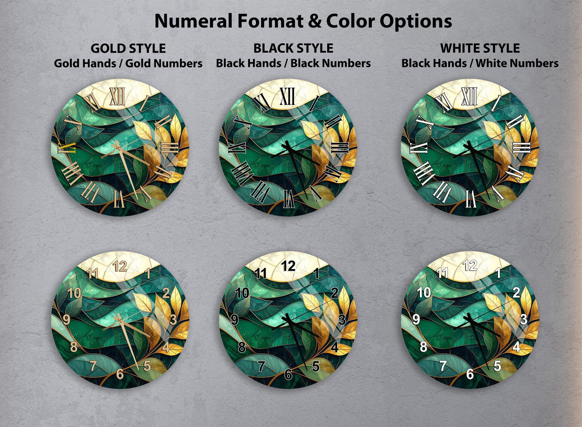 a collection of six clock faces with different styles and color options, including gold hands, black hands, black numbers, gold numbers, black hands, and white numbers.