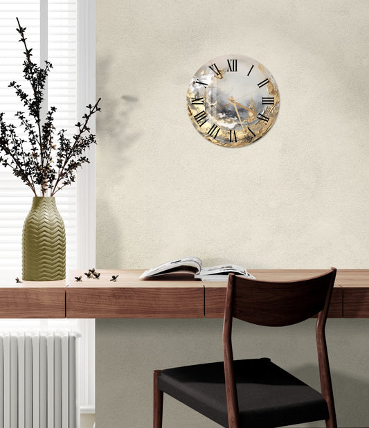 a table with a chair and a clock on the wall