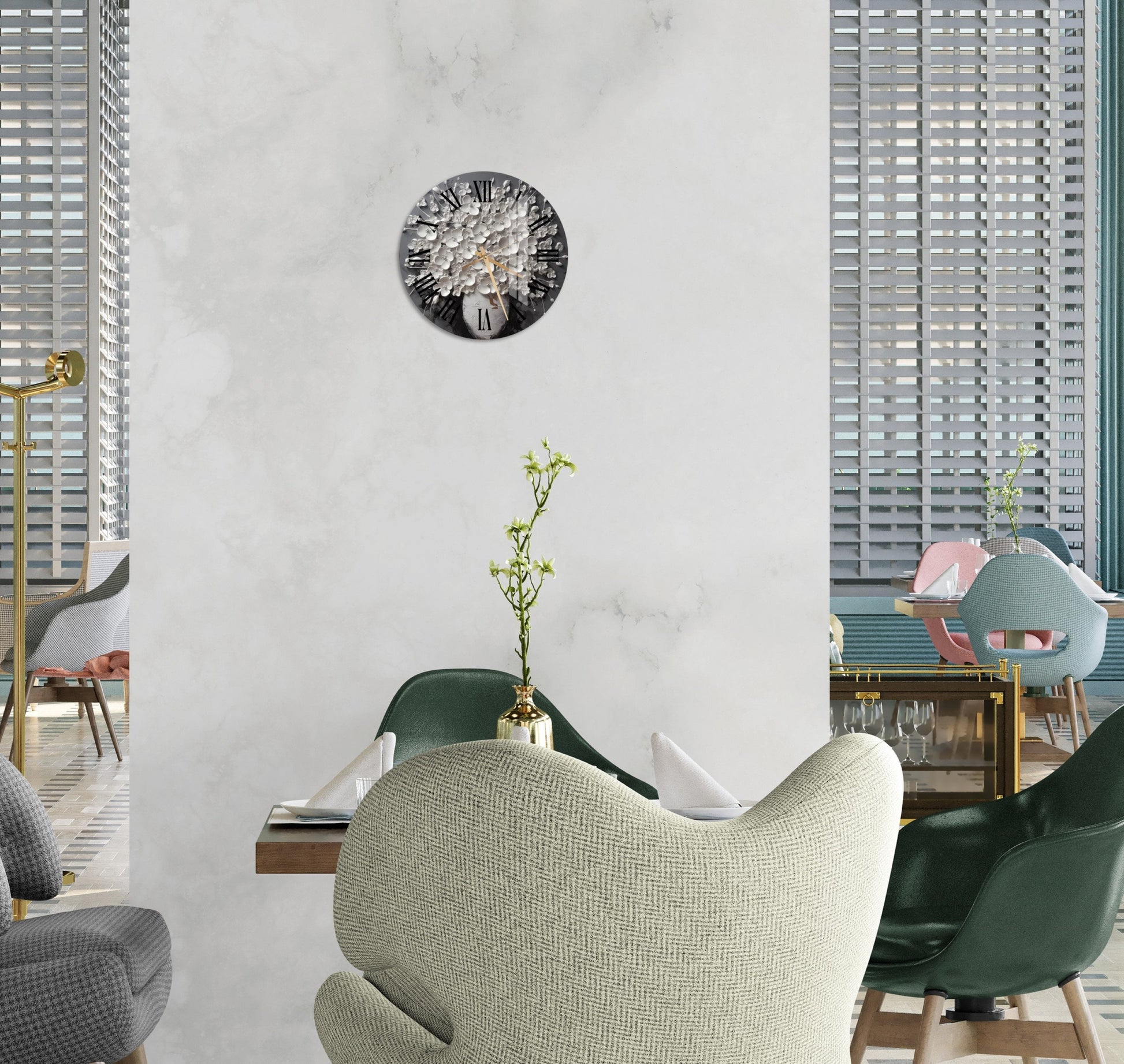 a living room with chairs, a table and a clock