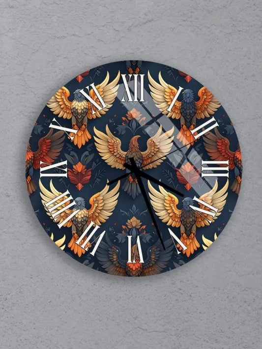 six circular wall clocks with a repeating pattern of winged figures on their faces. The clocks are arranged in a grid, with three clocks on the top row and three clocks on the bottom row.