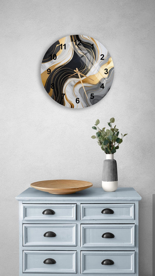 Tempered Glass Wall Clock - Abstract Black Gold Art, Silent Durable Decor