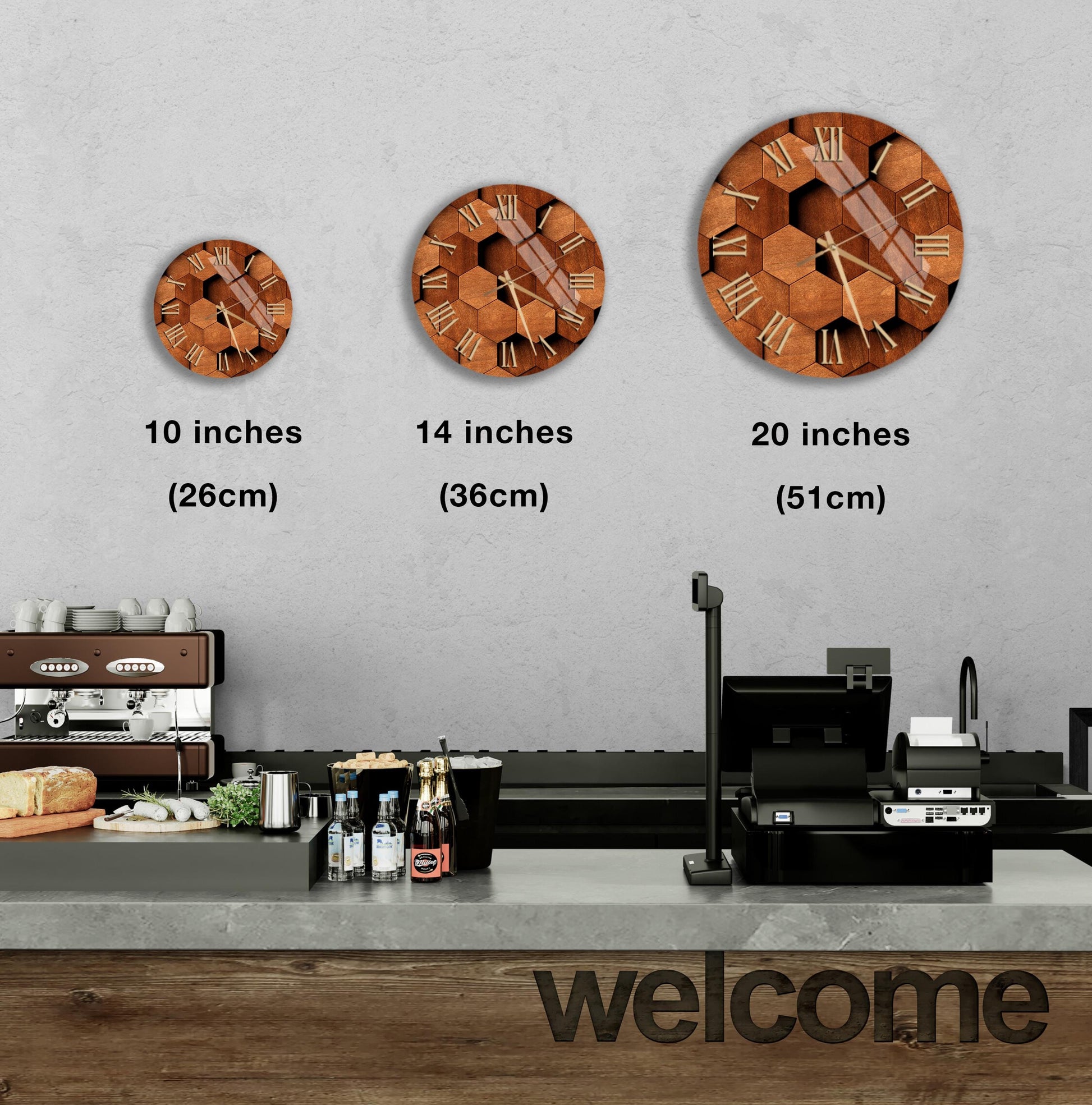 a wall clock with three different sizes, ranging from 10 inches to 20 inches, and a counter with a cash register and various items on it.