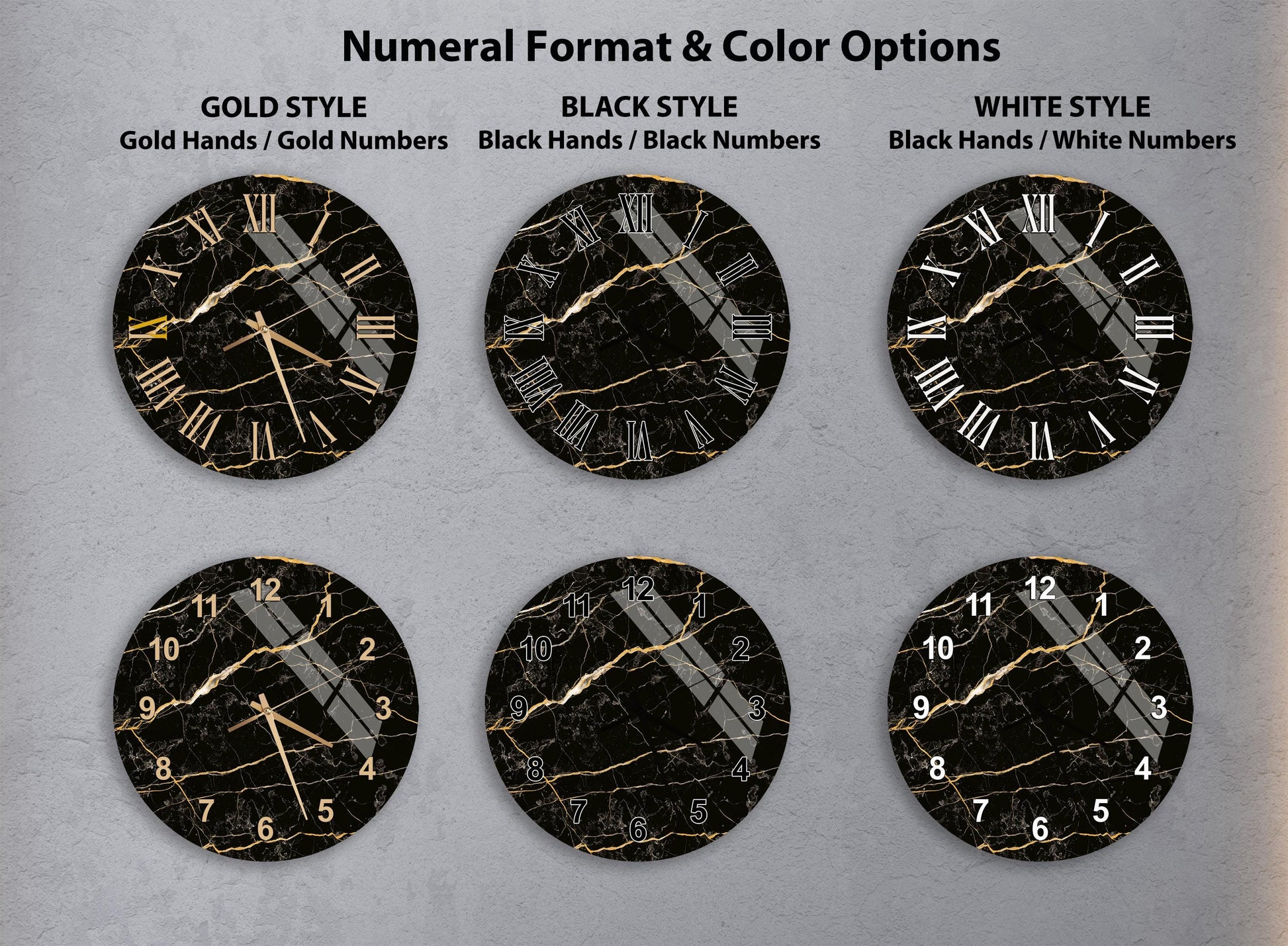 a collection of six clock faces with different styles and color options, including gold hands, black hands, black numbers, and white numbers.