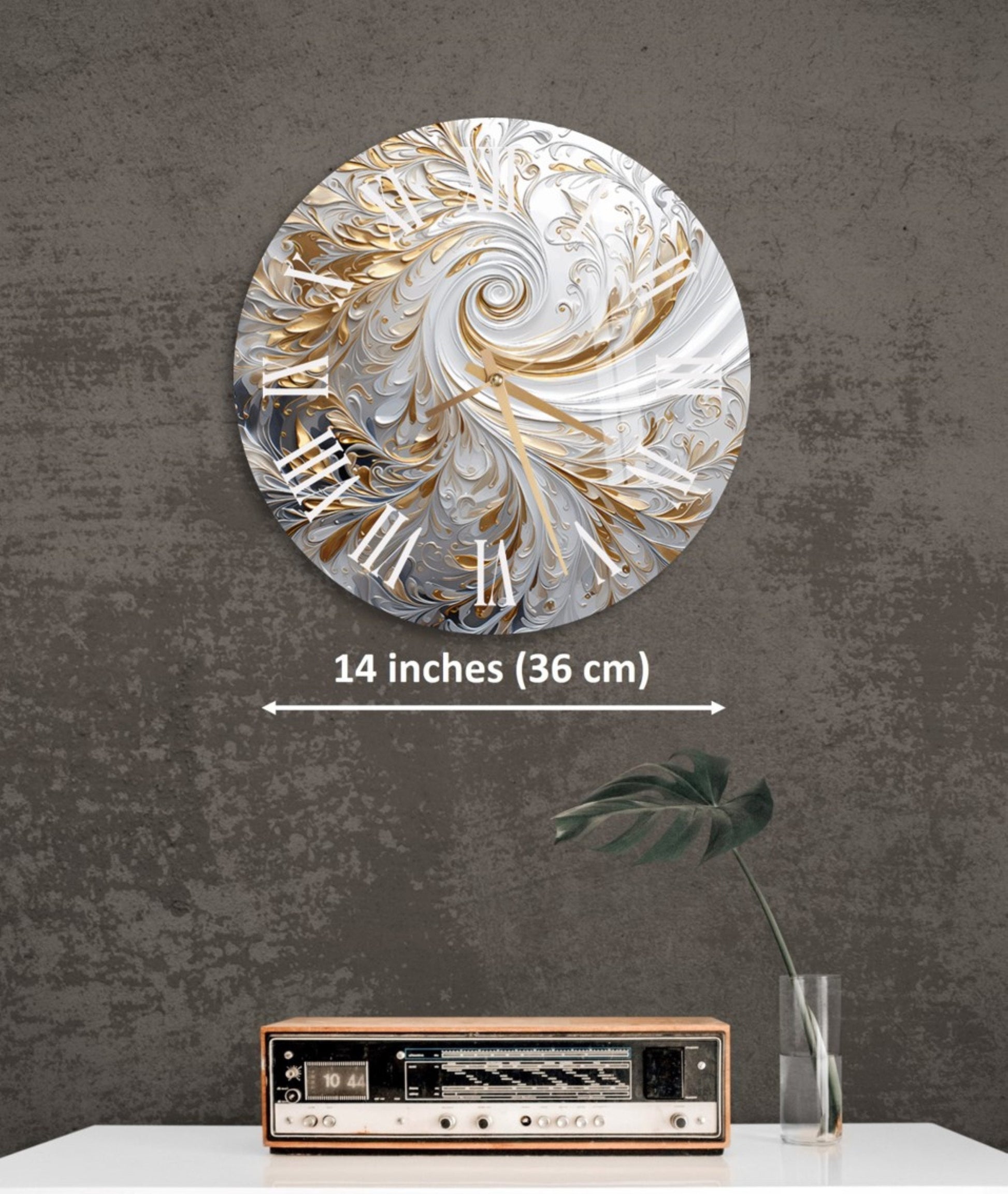 a clock on a wall next to a radio
