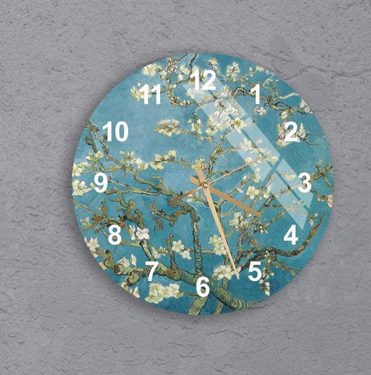 Tempered Glass Wall Clock - Van Gogh Almond Blossoms Floral Art, Silent Decor