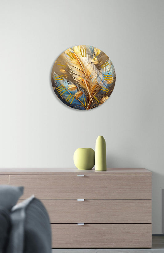 Tempered Glass Wall Clock - Blue Gold Leaf Floral Design | Silent Modern Decor