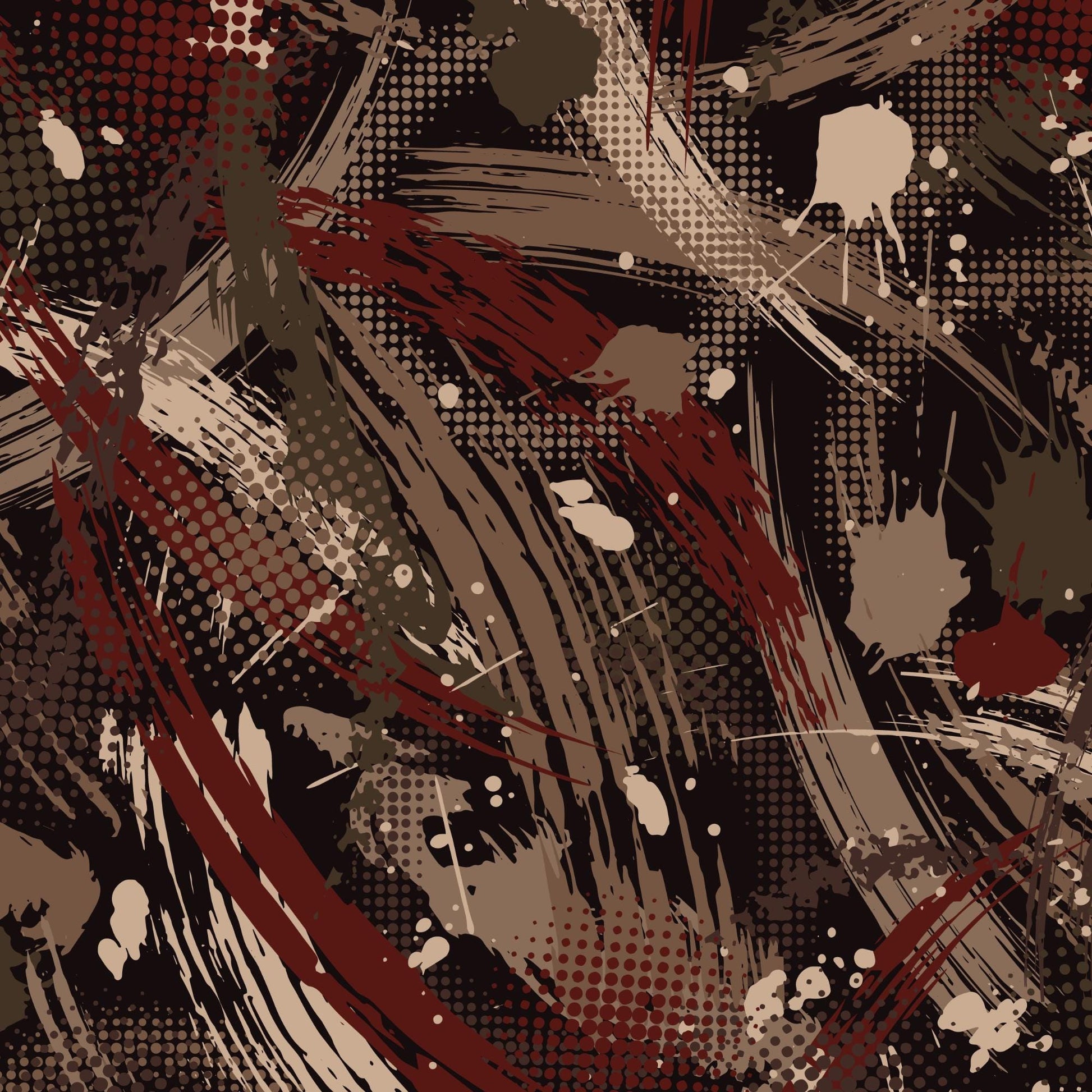 The image is an abstract art piece with a mix of red, brown, and black colors, along with splatters and brushstrokes. The overall composition appears to be a collage of various elements, creating a dynamic and visually interesting pattern.