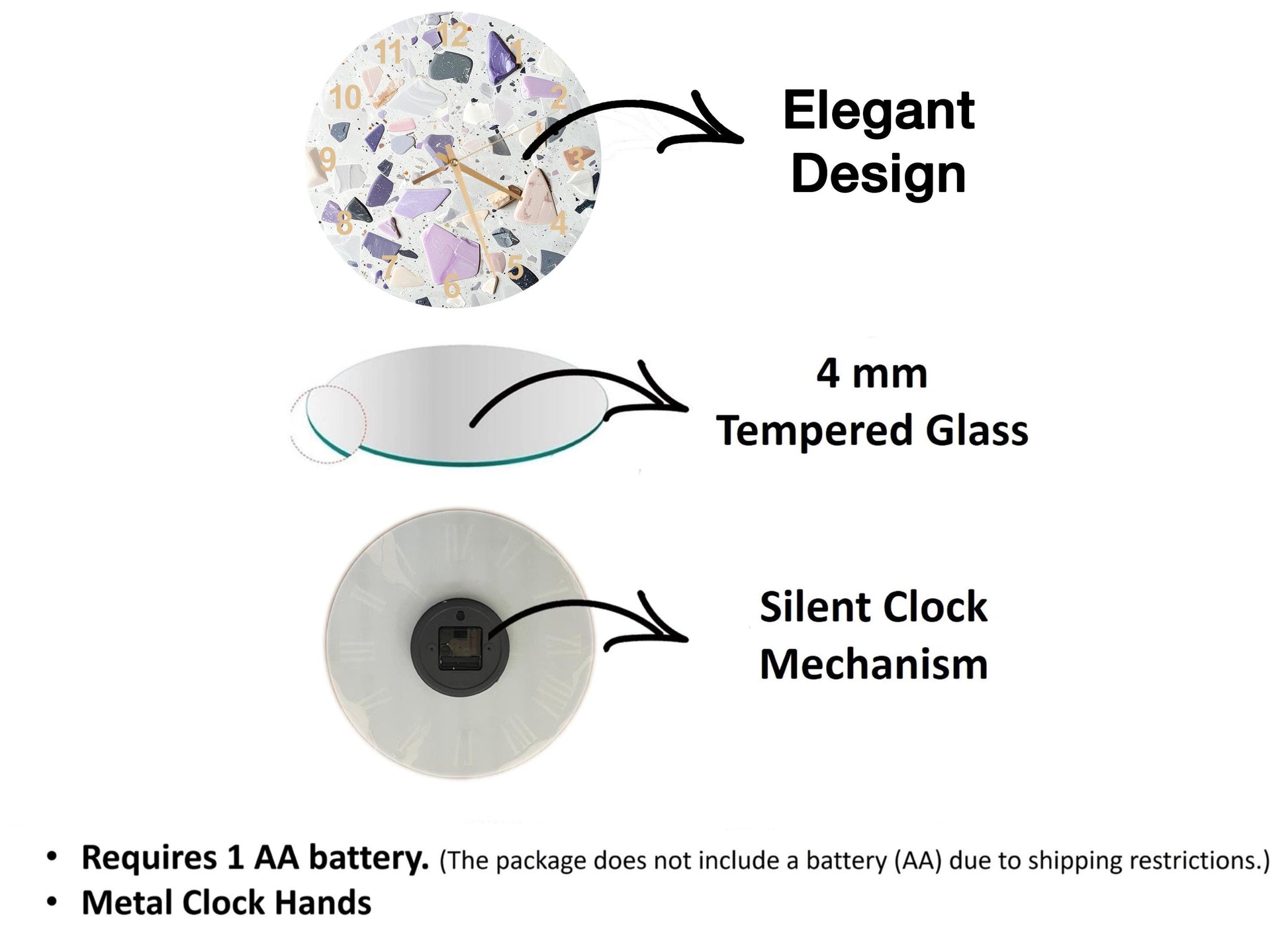 The image is a diagram that illustrates the features of a clock, including its design, size, and mechanism. It shows a 4 mm Tempered Glass face, a silent clock mechanism, and a metal clock hand. The diagram also includes text that explains the features of the clock, such as the requirement of a 1 AA battery and the absence of a battery (AA) due to shipping restrictions.