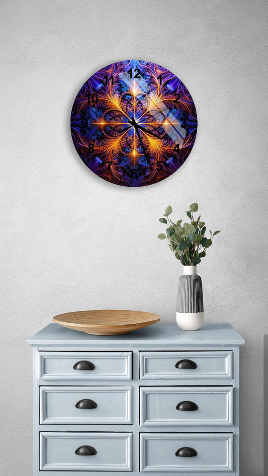 a blue cabinet with a vase of flowers on top of it