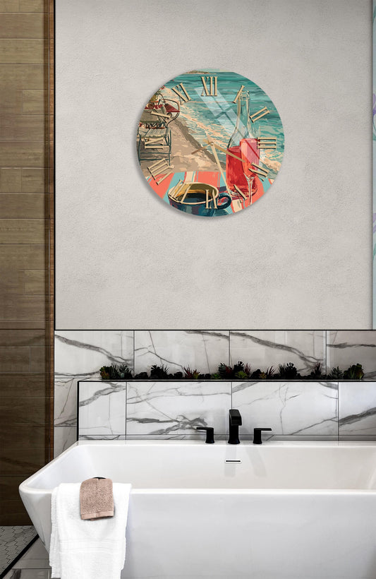 Tempered Glass Wall Clock – Coastal Beach View Design | Blue Red Nautical Decor