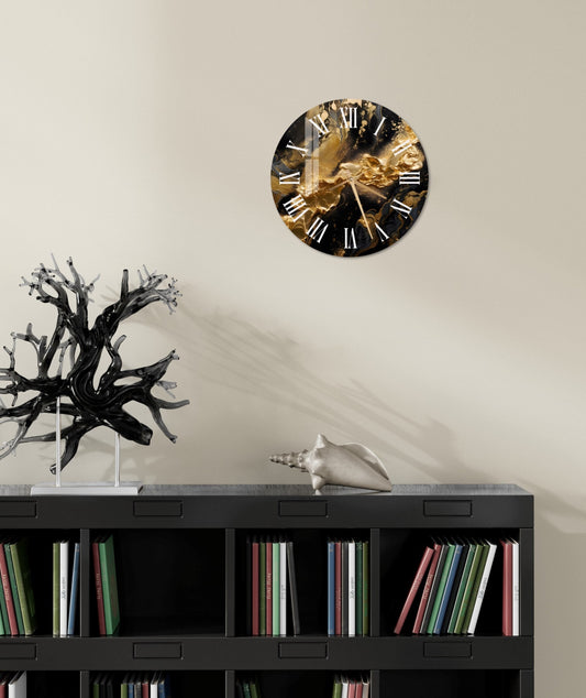 a clock on a wall above a bookcase