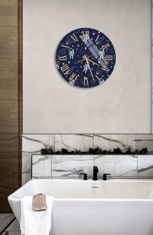 Tempered Glass Wall Clock – Navy Blue Space Themed Decor With Astronauts & Rockets