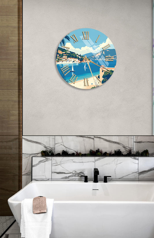 Tempered Glass Wall Clock - Coastal Beach Theme, Nautical Decor, Silent Sweep