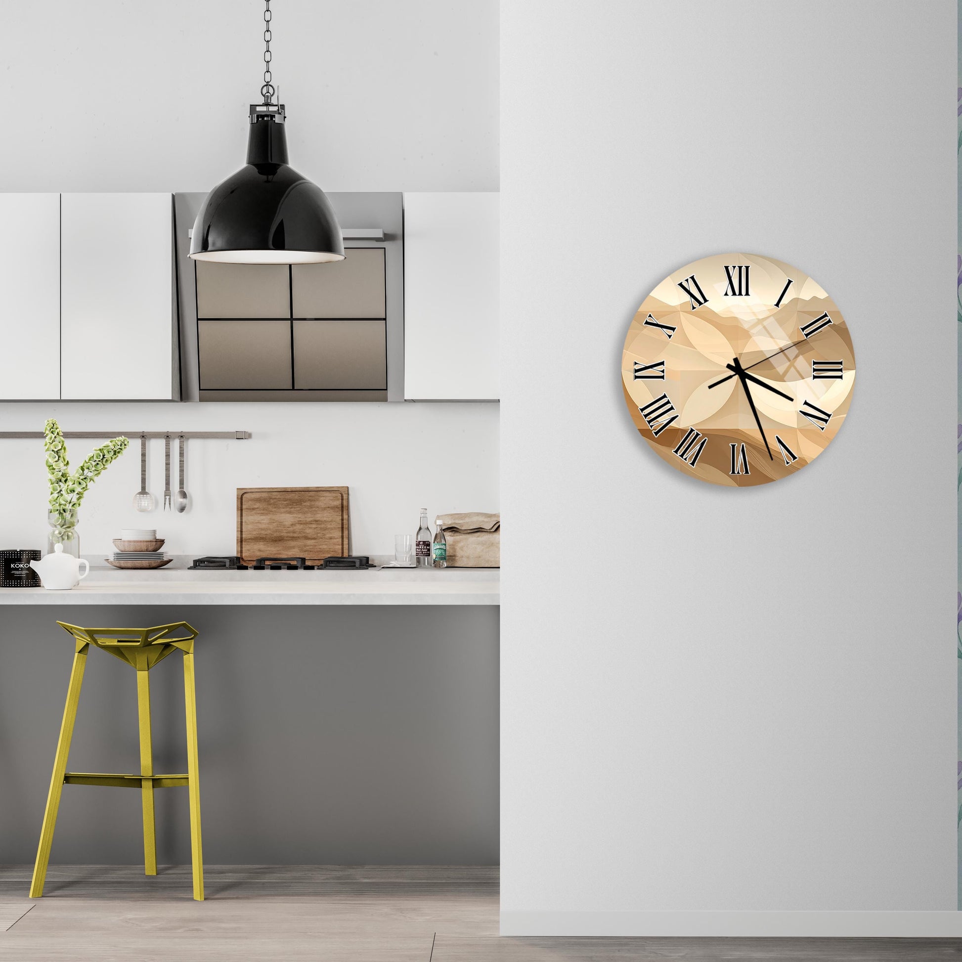 a modern kitchen with a yellow stool, a round wall clock, and a hanging light fixture.