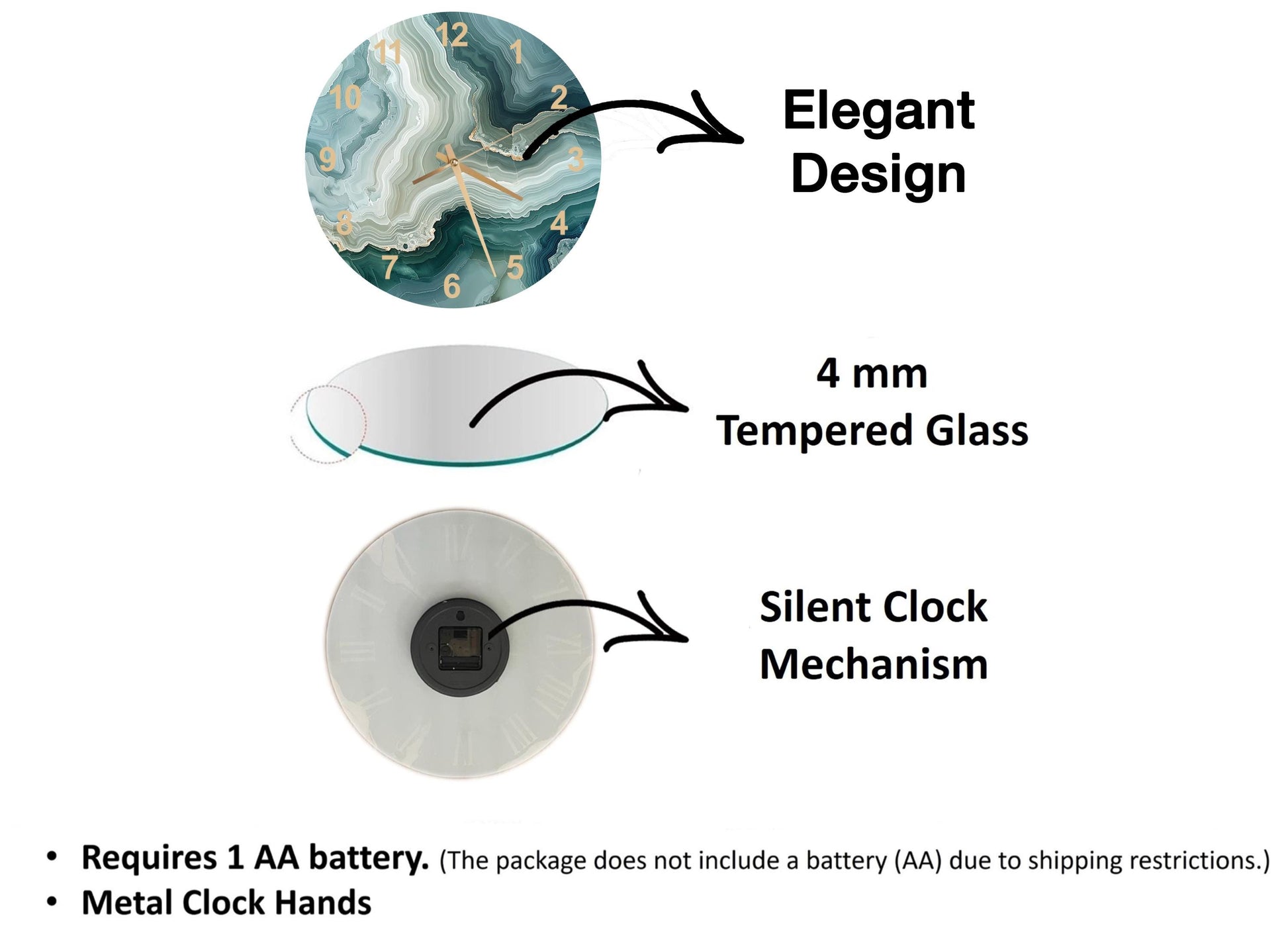 The image is a diagram that illustrates the features of a clock, including its design, size, and mechanism. It shows a 4 mm Tempered Glass clock, a silent clock mechanism, and a metal clock hand. The diagram also includes text that explains the features of the clock, such as the requirement of a 1 AA battery and the absence of a battery (AA) due to shipping restrictions.