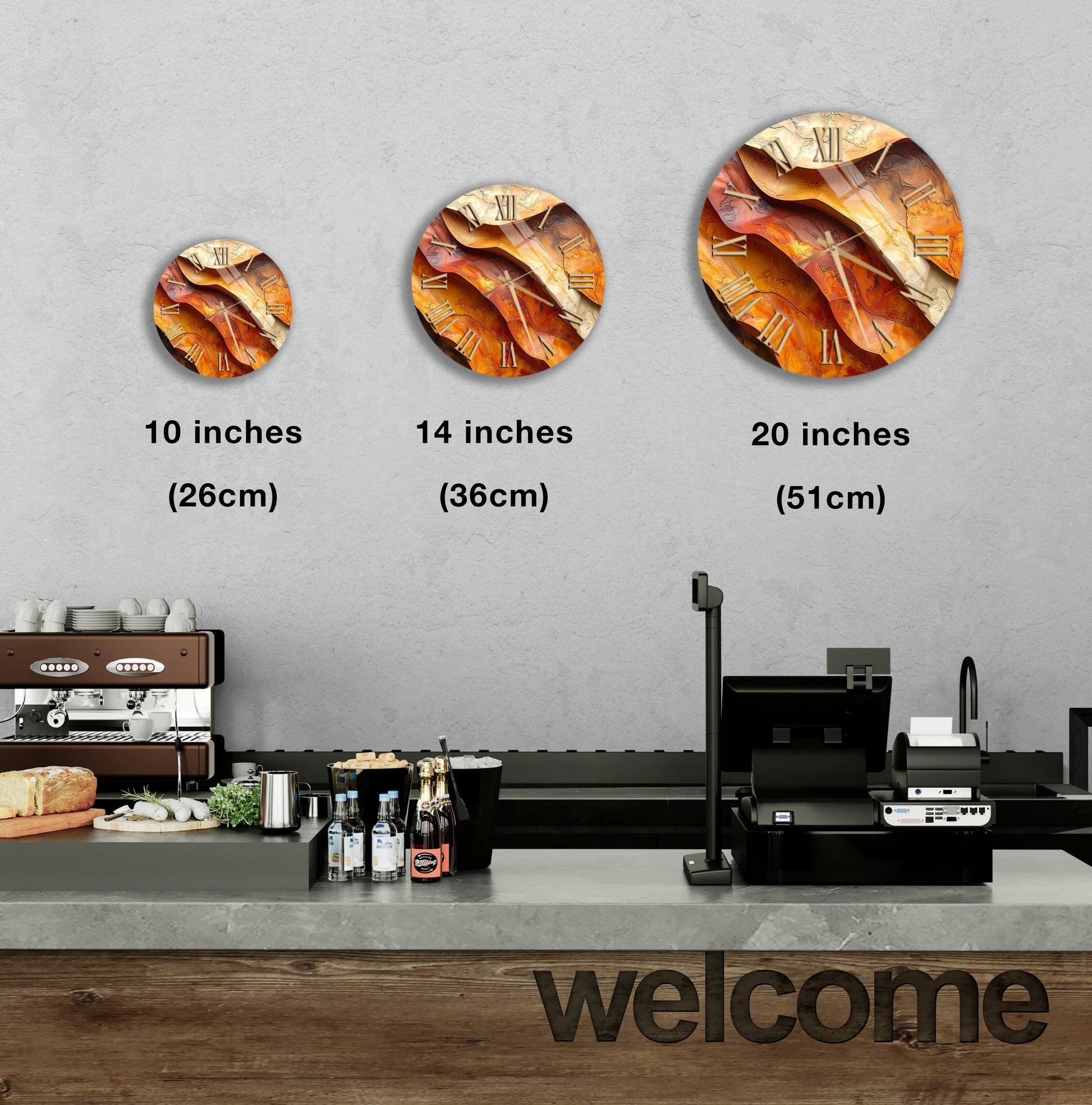a counter in a restaurant with a welcome sign, and there are three clock-like designs on the wall, each representing a different size of the same design.
