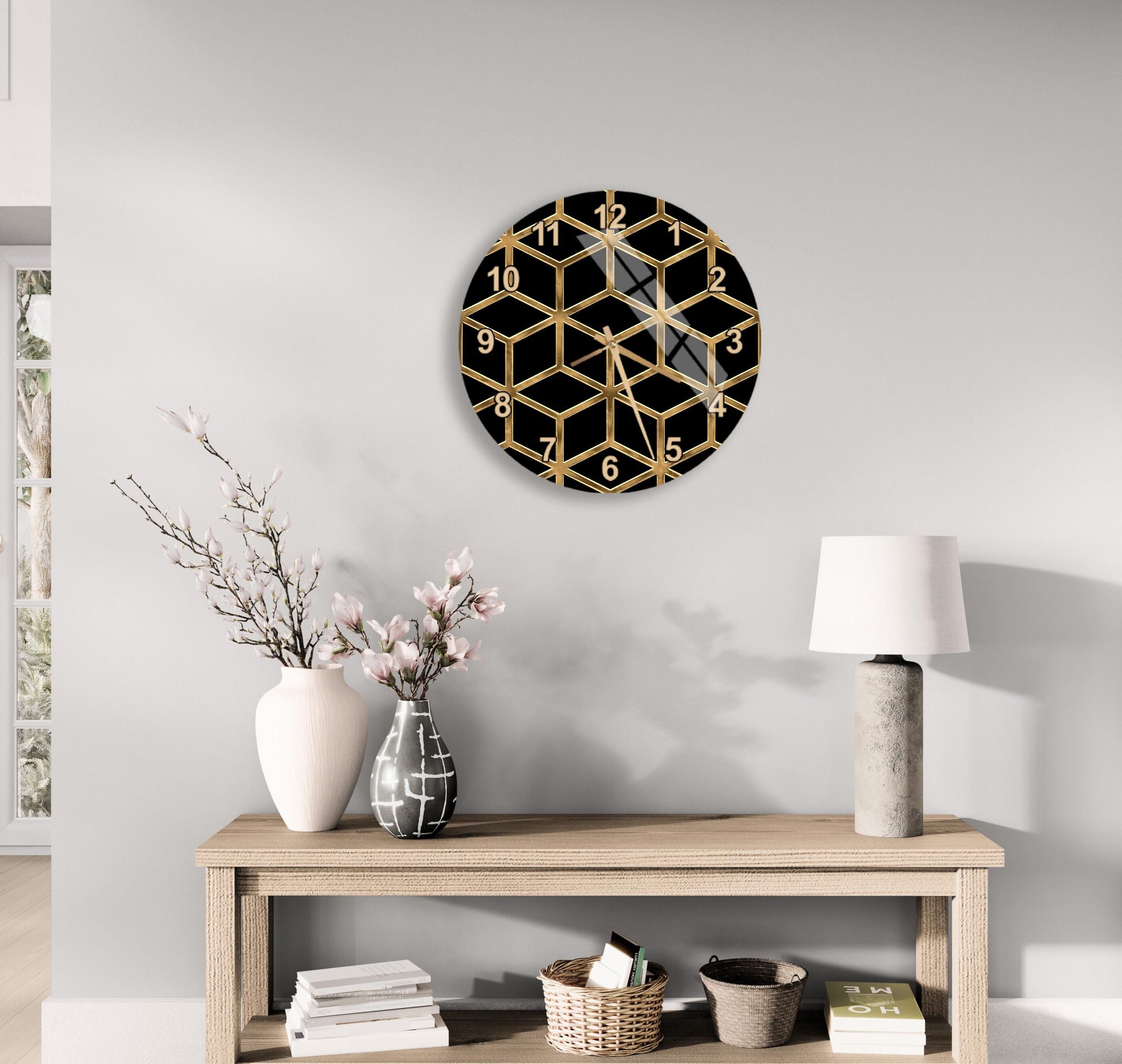 a modern living room with a wooden table, a lamp, a clock, and decorative elements such as a vase with flowers and a book.