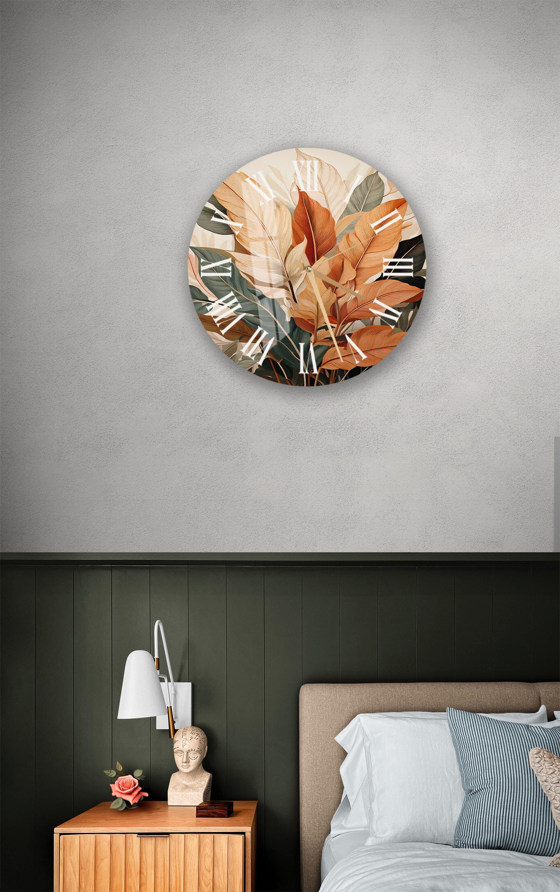 a bed room with a neatly made bed and a clock on the wall