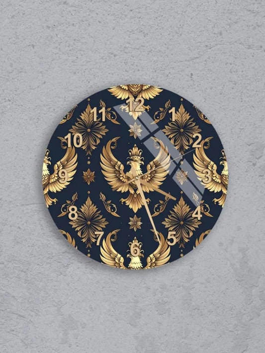 six circular wall clocks with a gold and navy blue design, featuring a bird motif. The clocks are arranged in a grid pattern on a gray background.