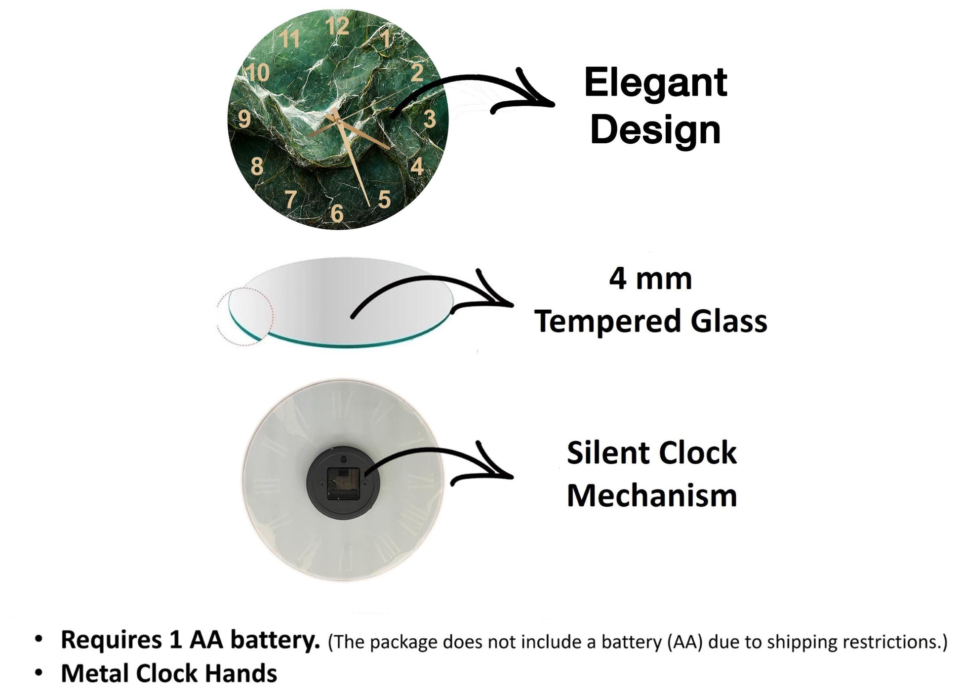 The image is a diagram that illustrates the features of a clock, including its design, materials, and mechanism.