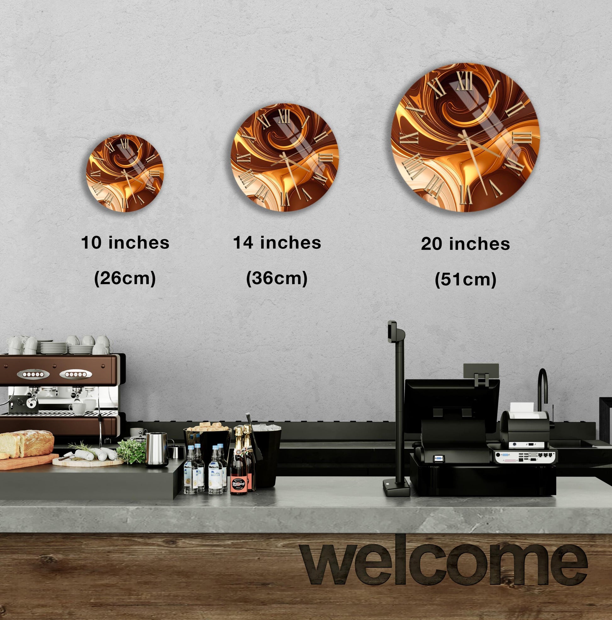 a wall with three clock designs, each representing a different size: 10 inches, 14 inches, and 20 inches. Below the clocks, there is a counter with various items such as bottles and a cash register. The word "welcome" is also visible in the image.
