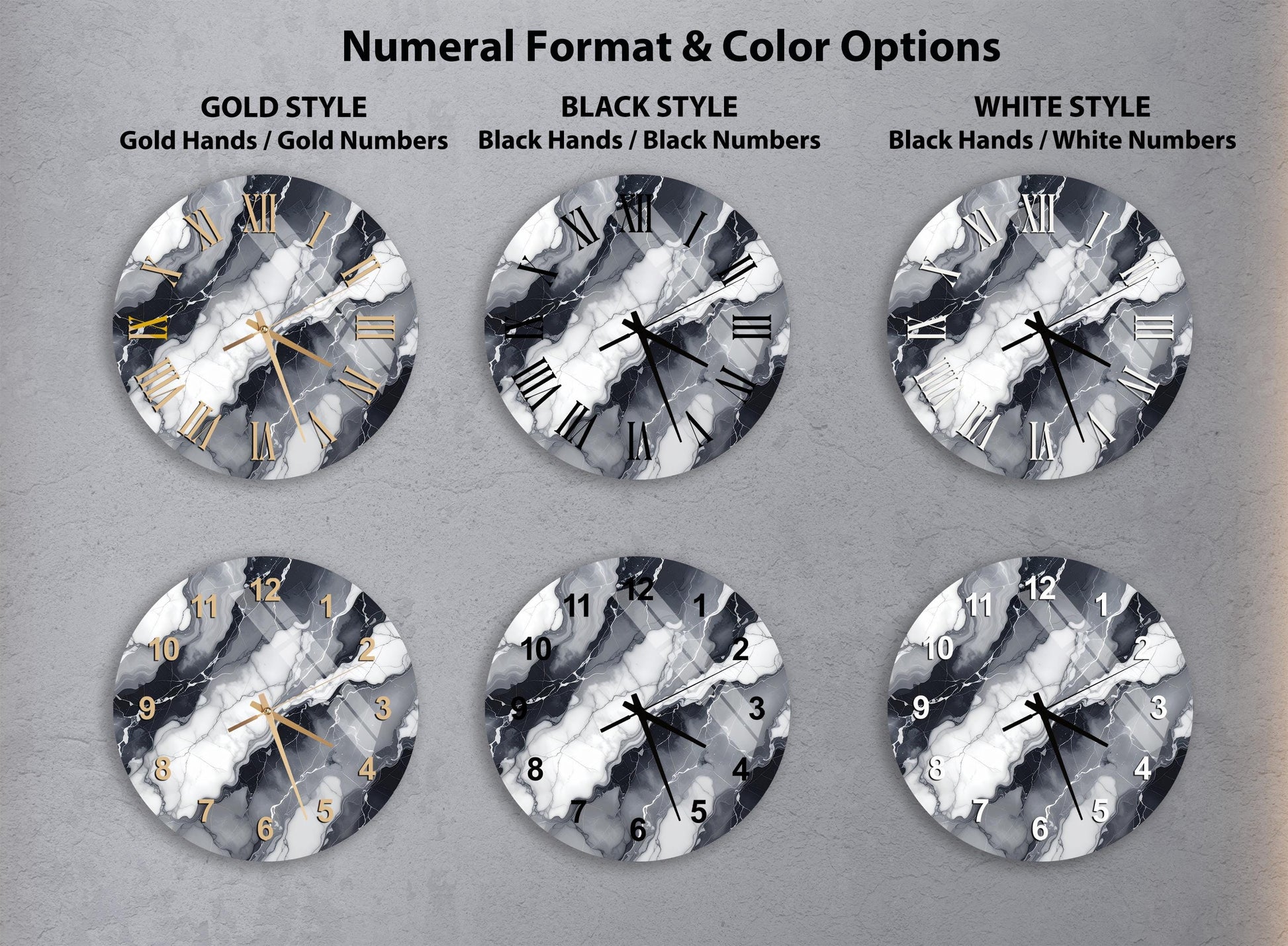 a collection of six clock faces with different styles and color options, including gold hands, black hands, black numbers, and white numbers.