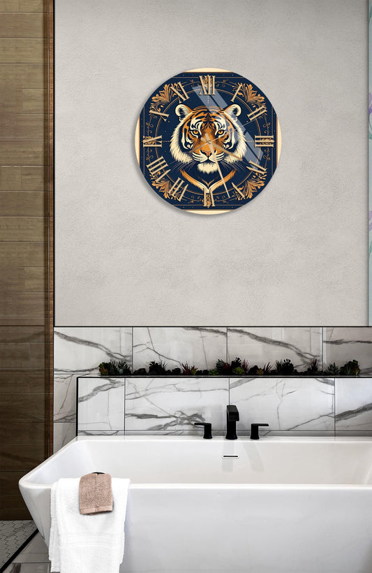 Tempered Glass Wall Clock – Tiger Wall Decor | Blue Gold Round Modern Clock