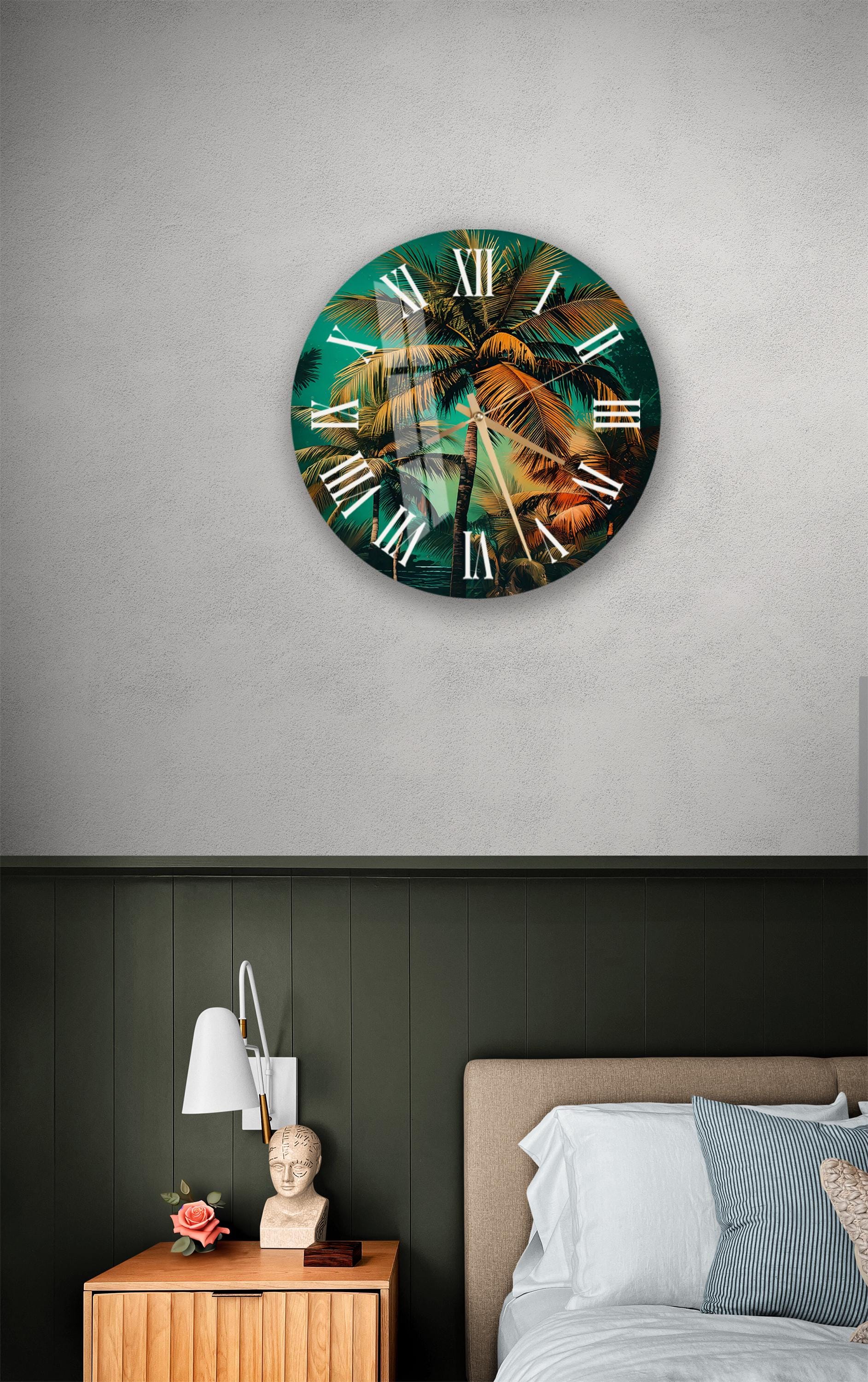 a bedroom with a bed and a large clock on the wall