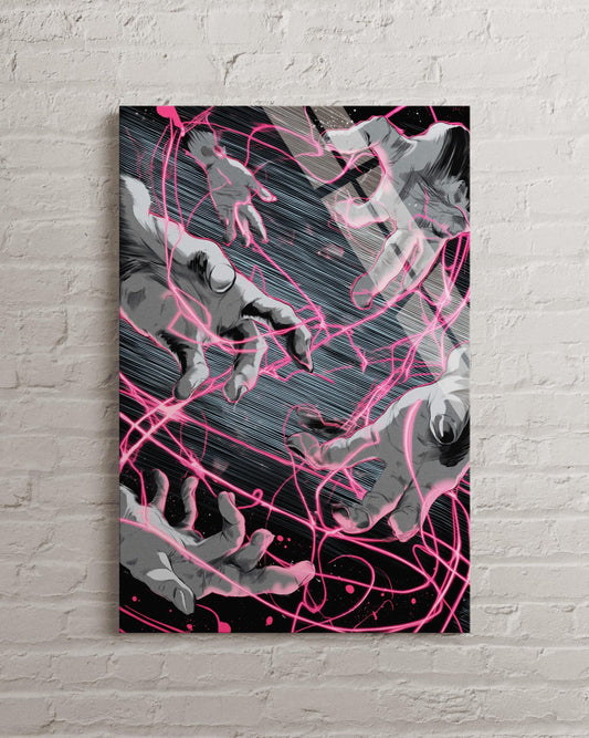 Tempered Glass Wall Art - Abstract Manga Hands Neon Pink Decor | Cyberpunk Style Print