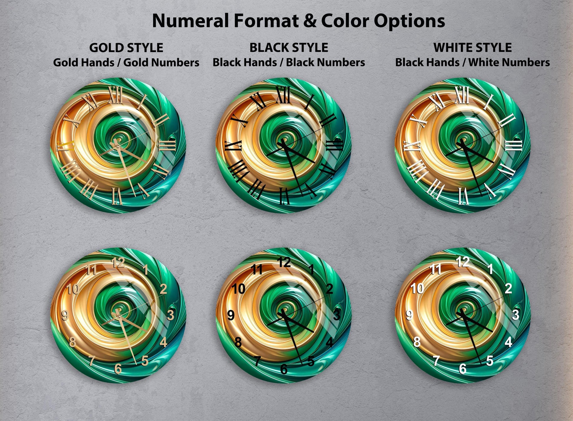 six clock faces with different styles and color options, including gold hands, black numbers, black hands, white numbers, gold hands, and black numbers.