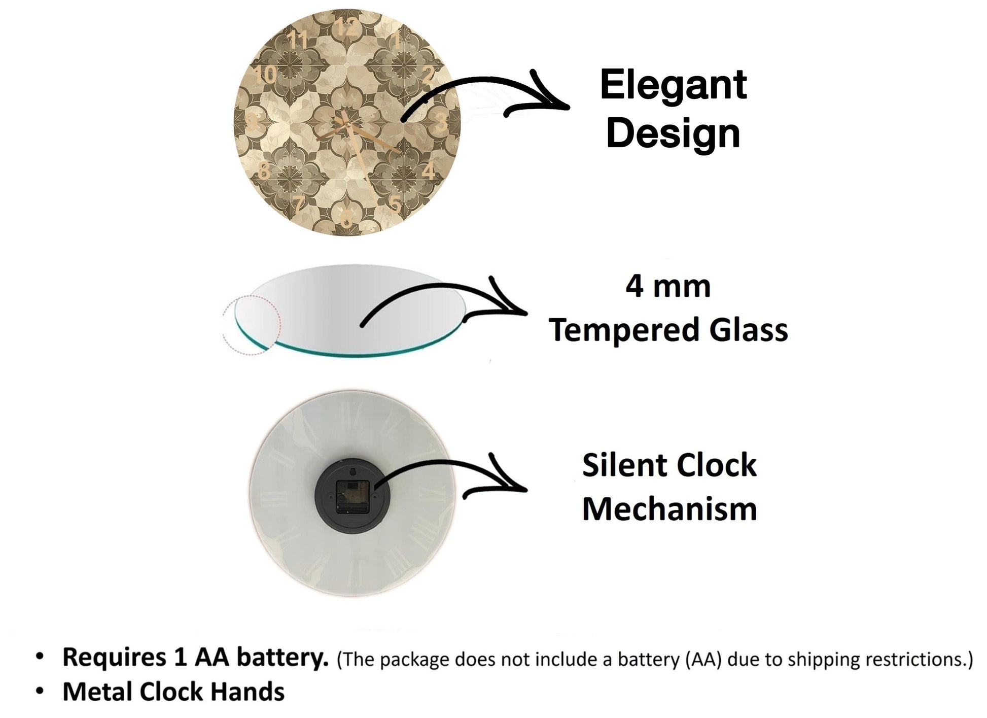 The image is a diagram that illustrates the features of a clock, including its design, size, and mechanism. It shows a 4 mm Tempered Glass face, a silent clock mechanism, and metal clock hands. The diagram also includes text that explains the features of the clock, such as the requirement of a 1 AA battery and the absence of a battery (AA) due to shipping restrictions.