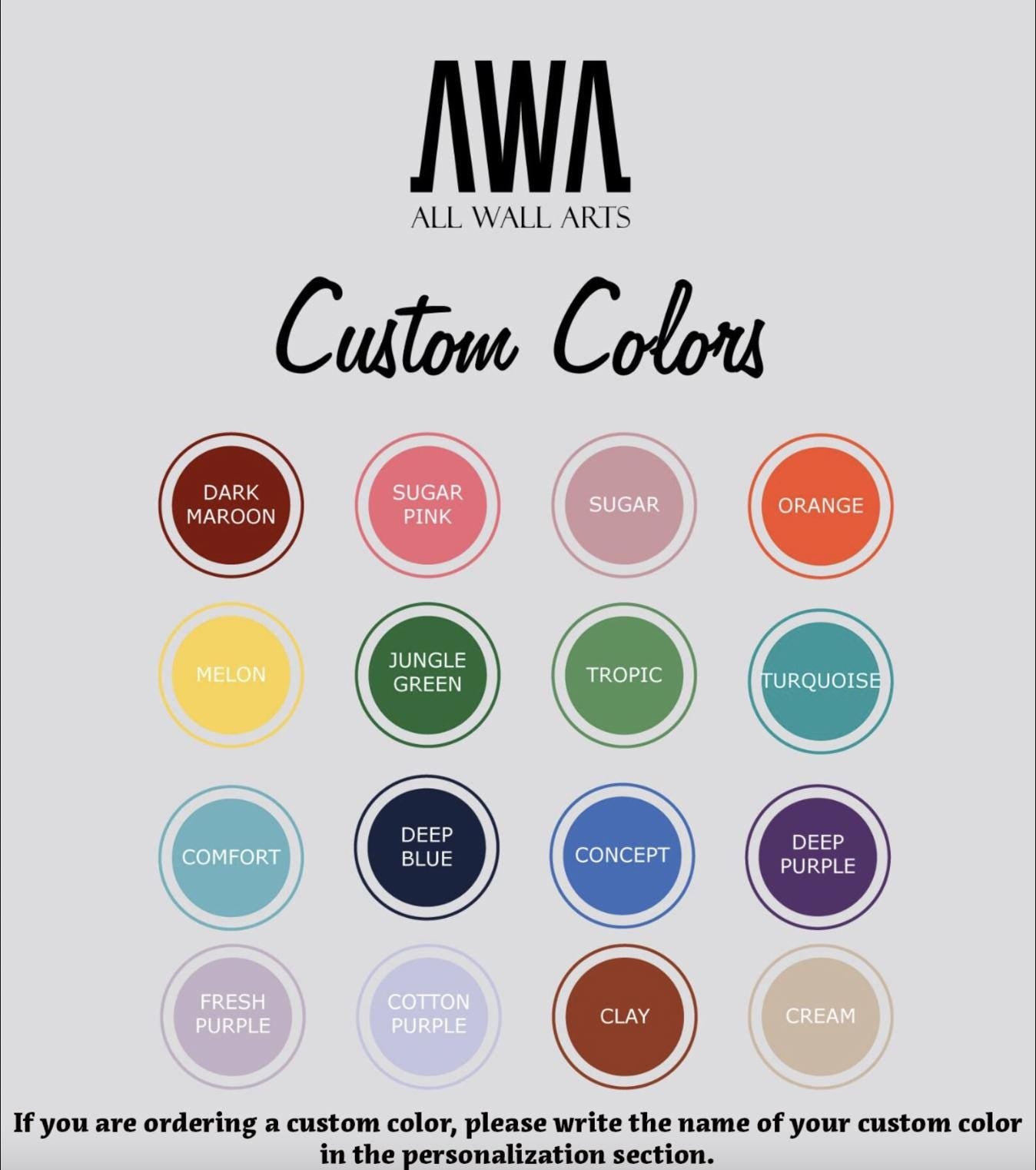A collage of 16 custom color options, each represented by a circle with a different color, along with a section for the customer to write the name of their custom color in the personalization section.