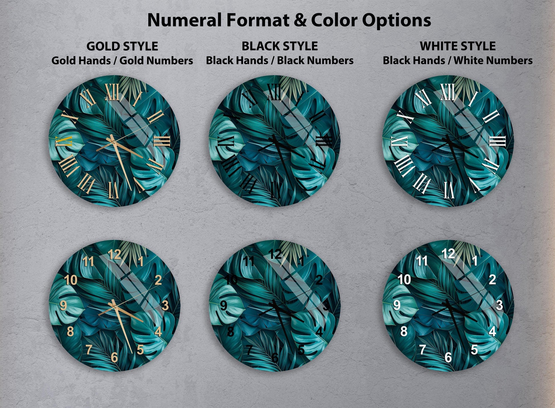 a collection of six clock faces with different styles and color options, including gold hands, black hands, black numbers, black hands/white numbers, black hands/white numbers, and white hands.