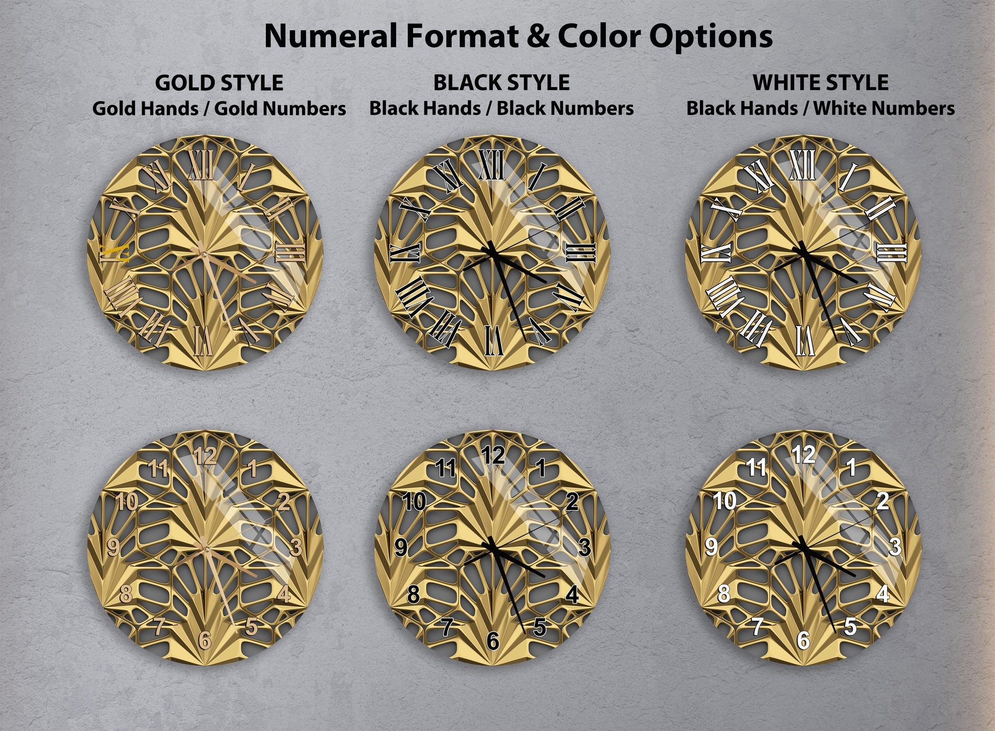 six different clock designs, each with a unique style and color option. The clocks are arranged in a grid format, with two clocks in each row and three clocks in each column. The clocks feature a gold color scheme and intricate designs, showcasing various styles such as gold hands, gold numbers, black hands, and black numbers.