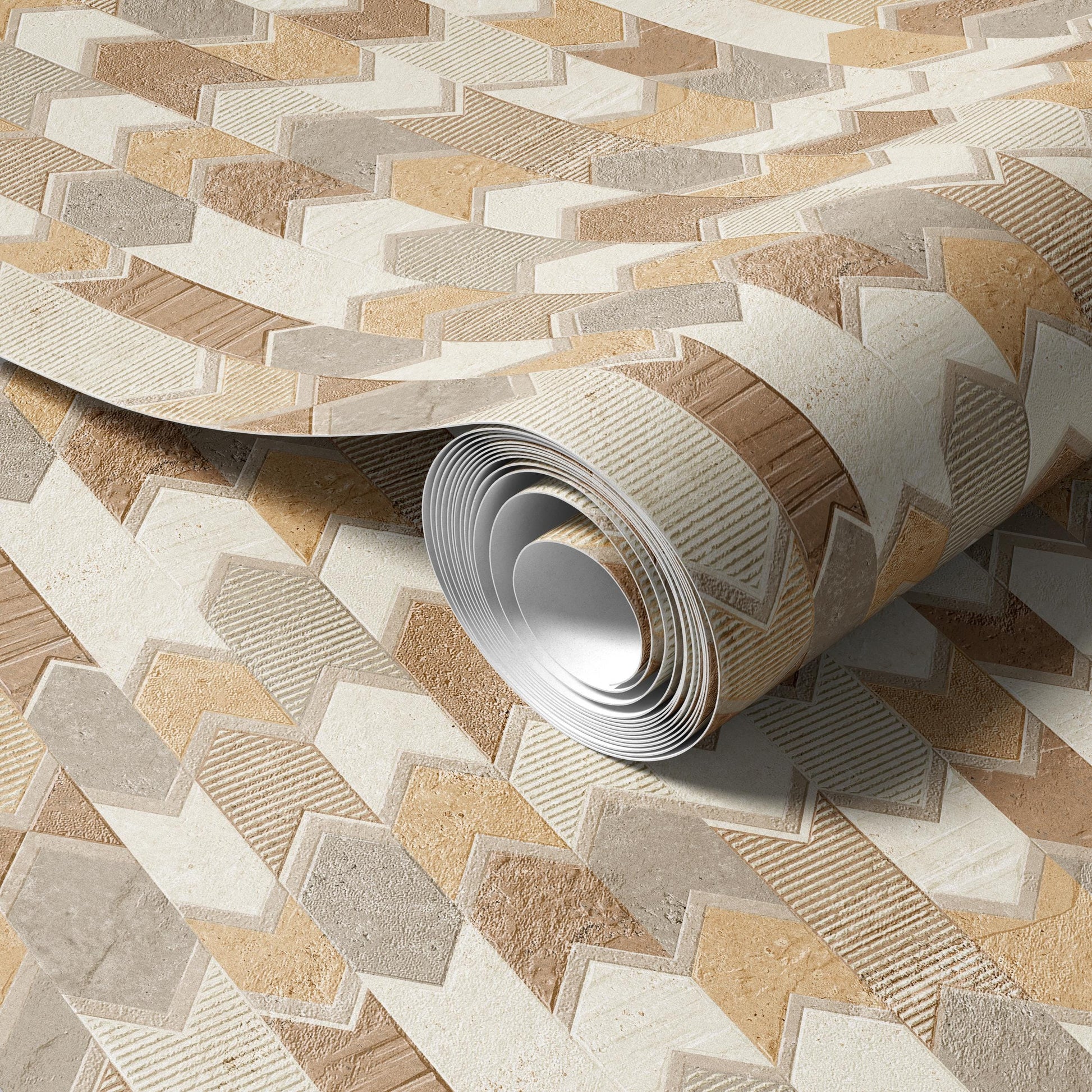 a roll of patterned wallpaper with a geometric design in shades of brown and beige.