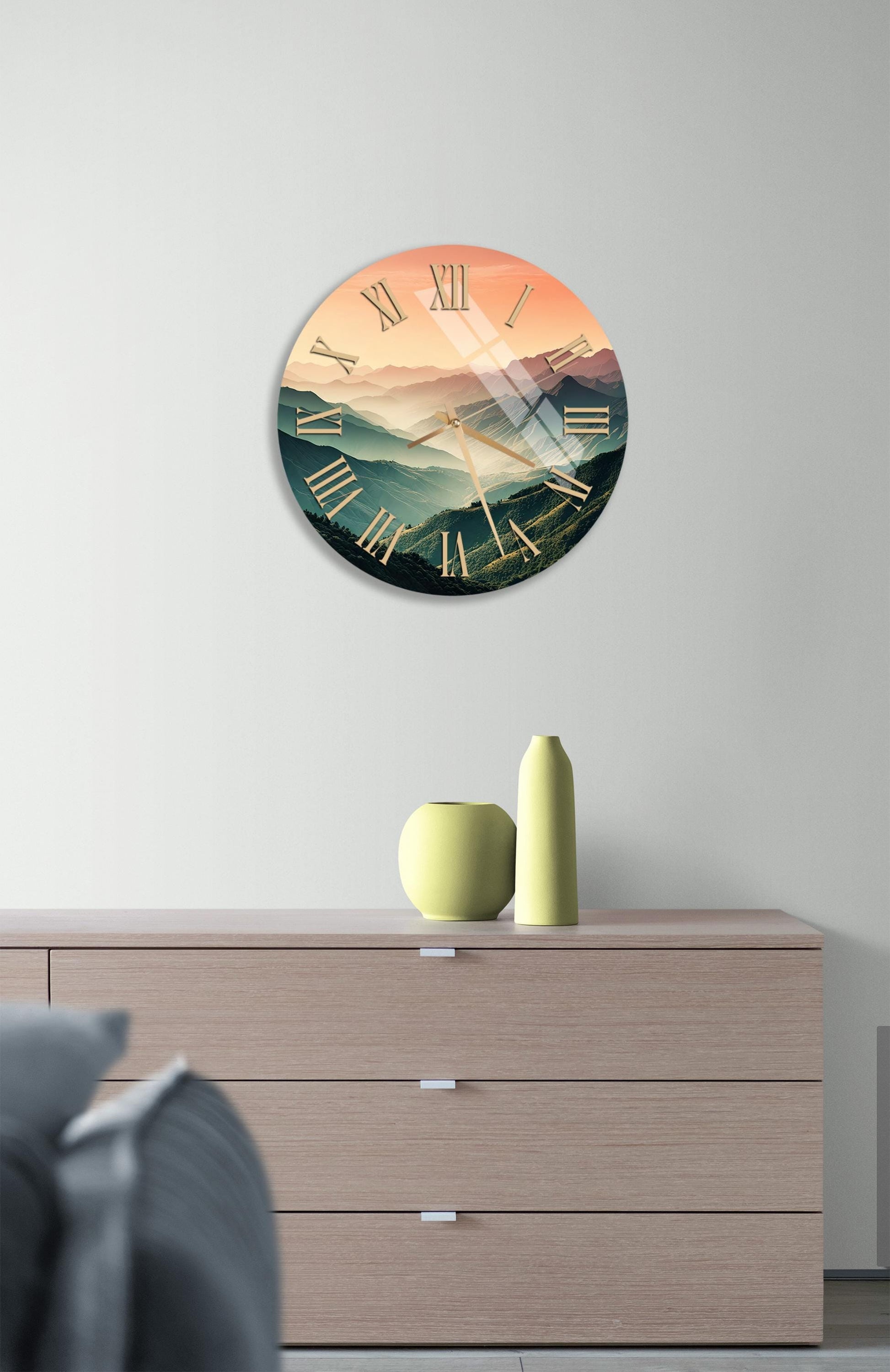 a clock on a wall above a dresser