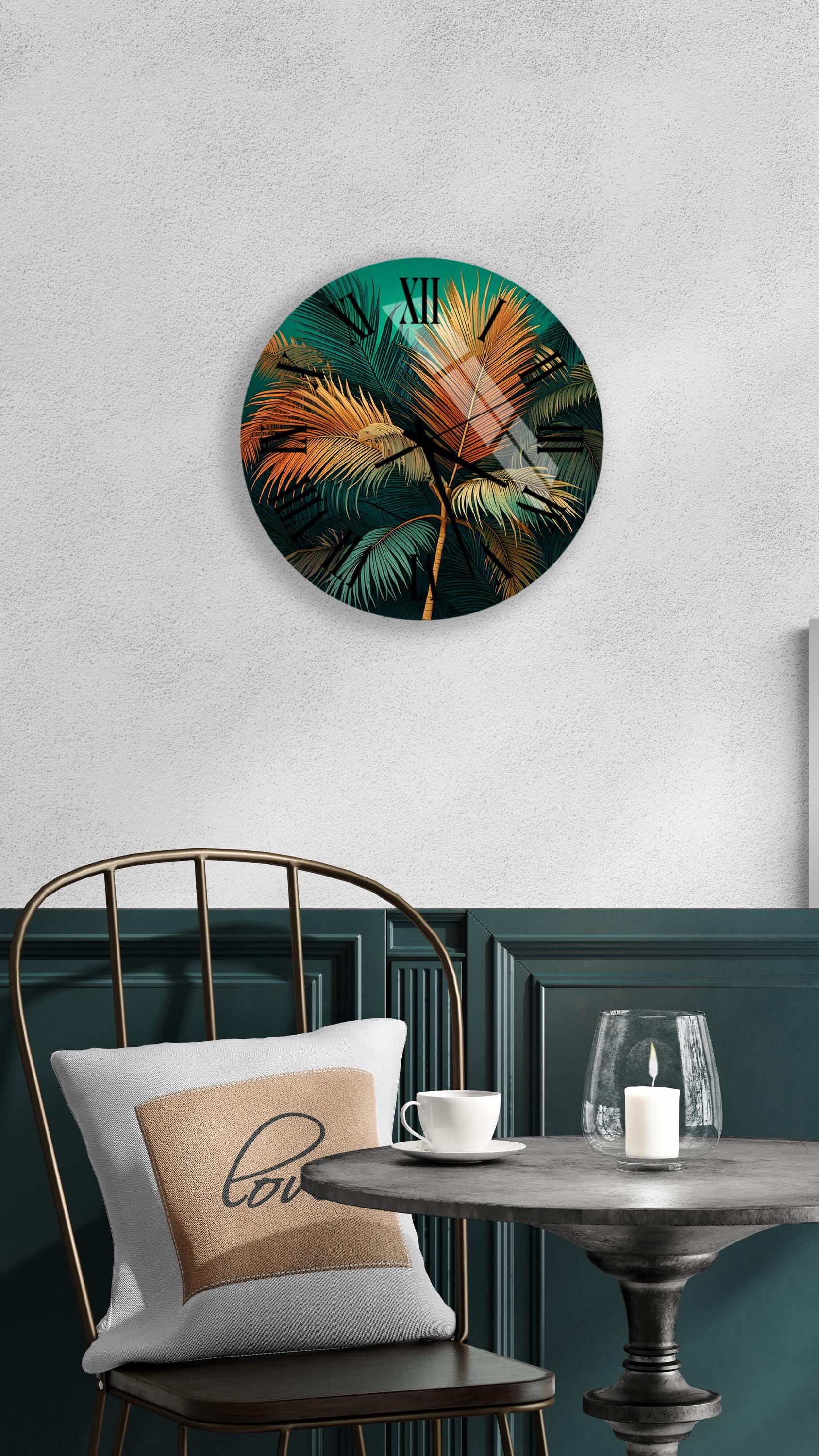 a table with a chair and a clock on the wall